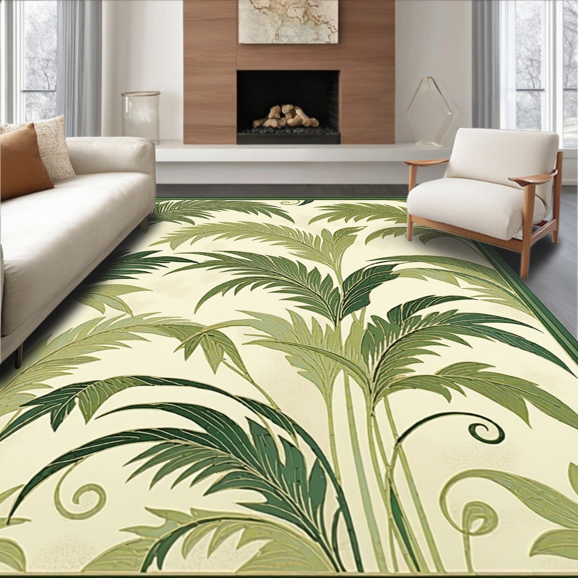 Lush Green Palm Frond Pattern Rug
