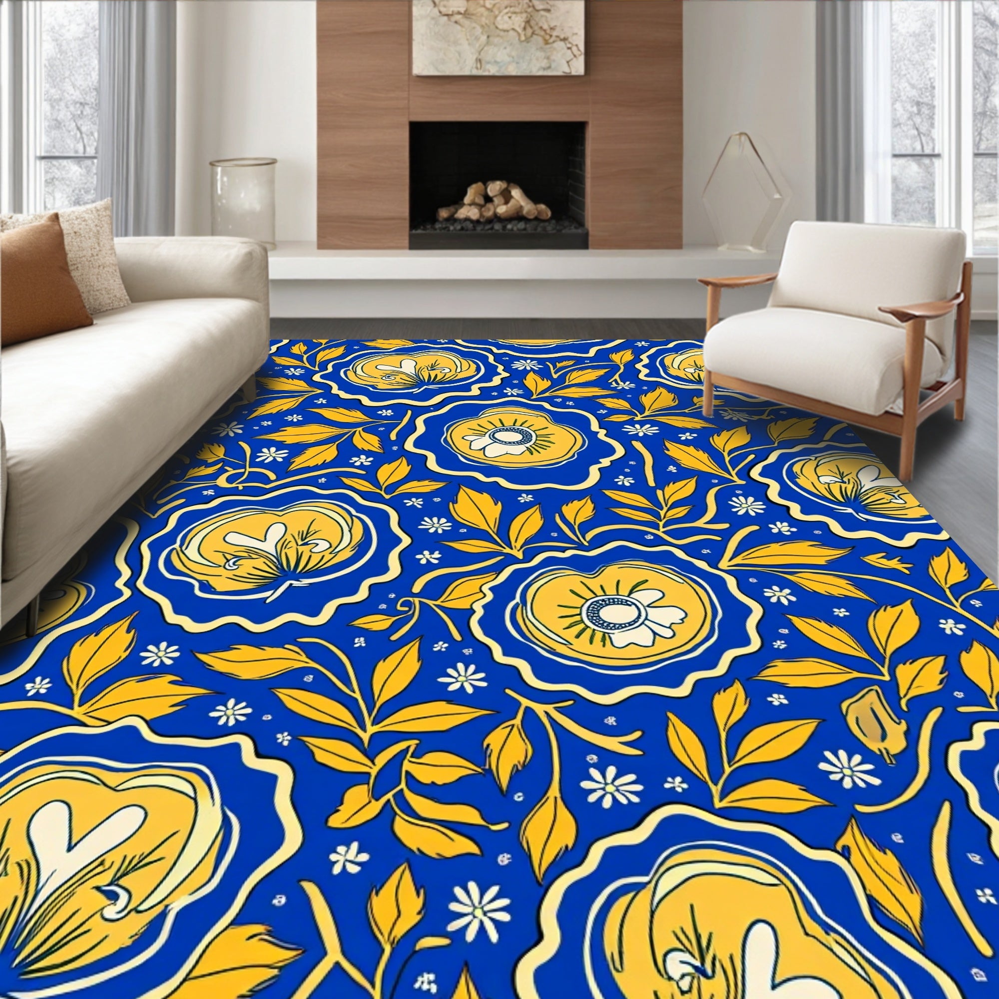 Bold Floral Pattern Blue Yellow Rug