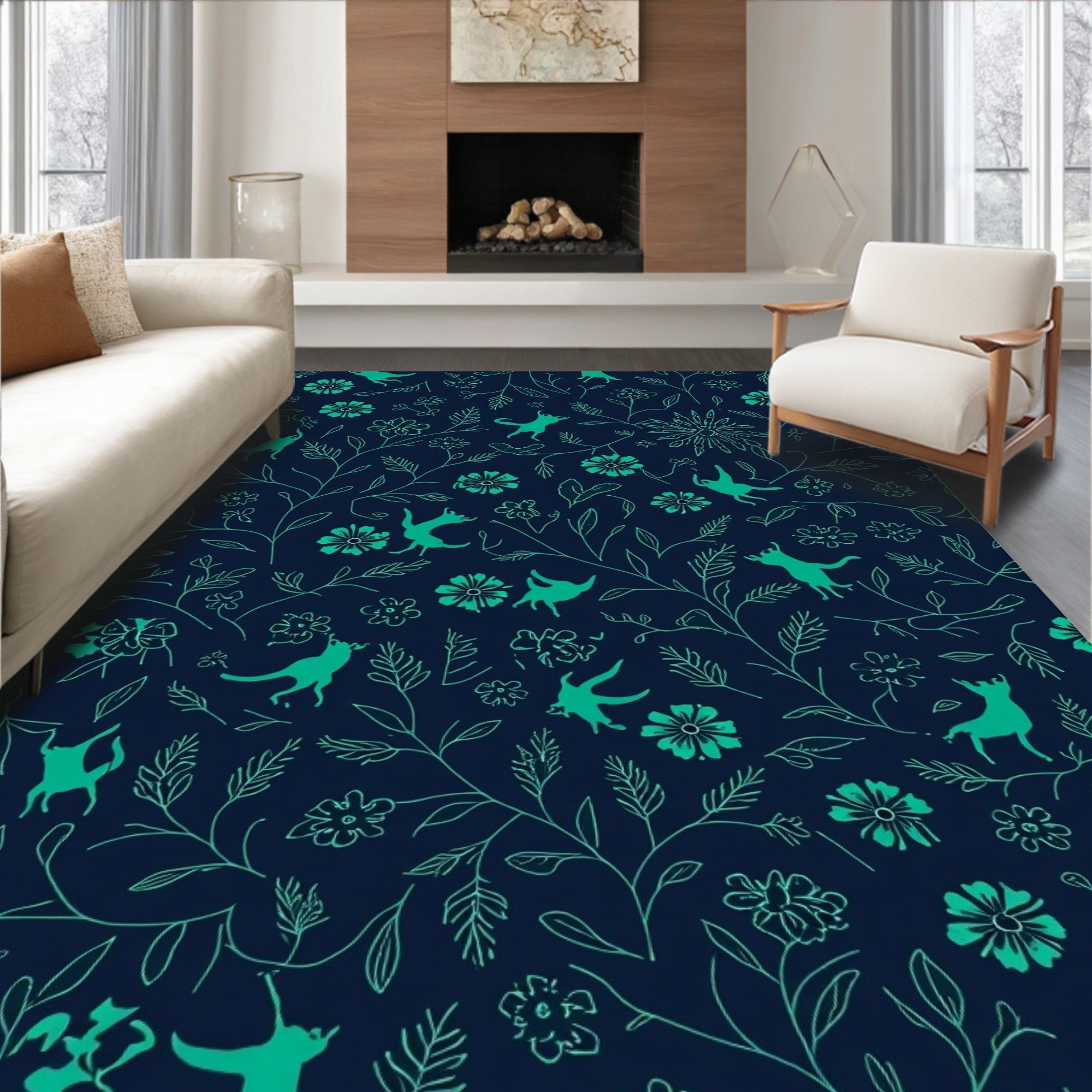 Playful Green Animal Floral Pattern Rug