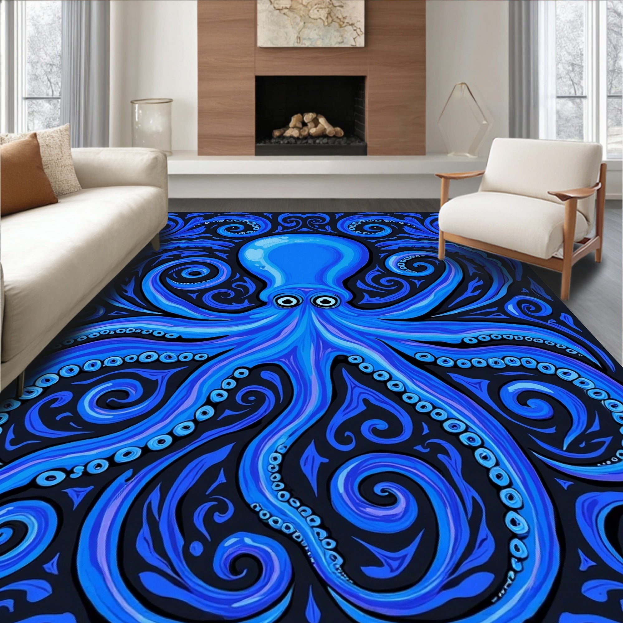 Deep Blue Octopus Swirl Pattern Rug