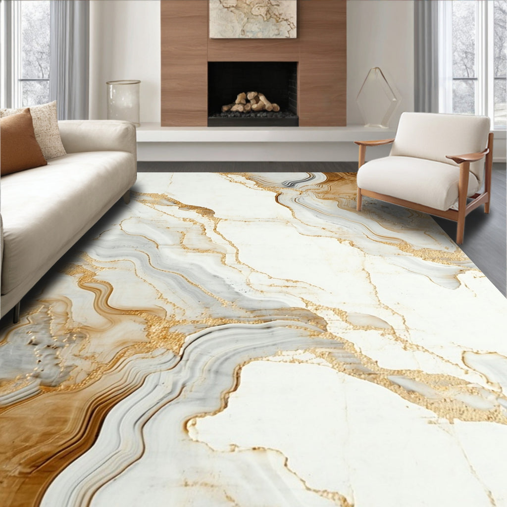 Swirling Gold Veined Marble Pattern Rug