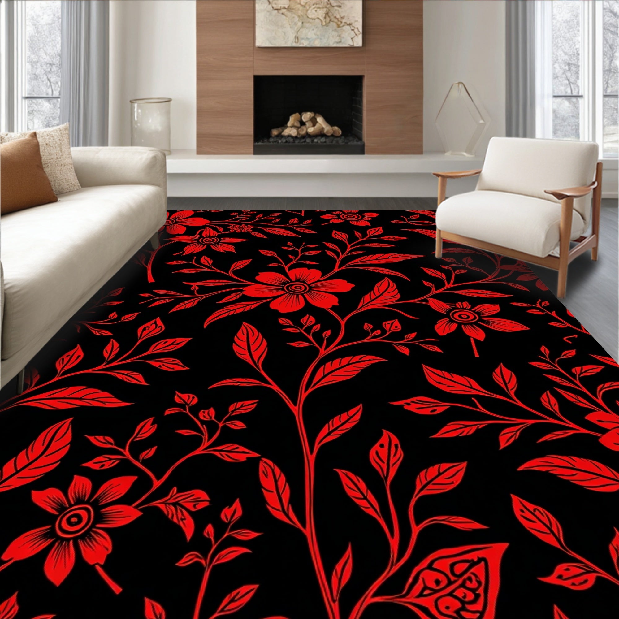 Red Floral Vine Pattern Rug