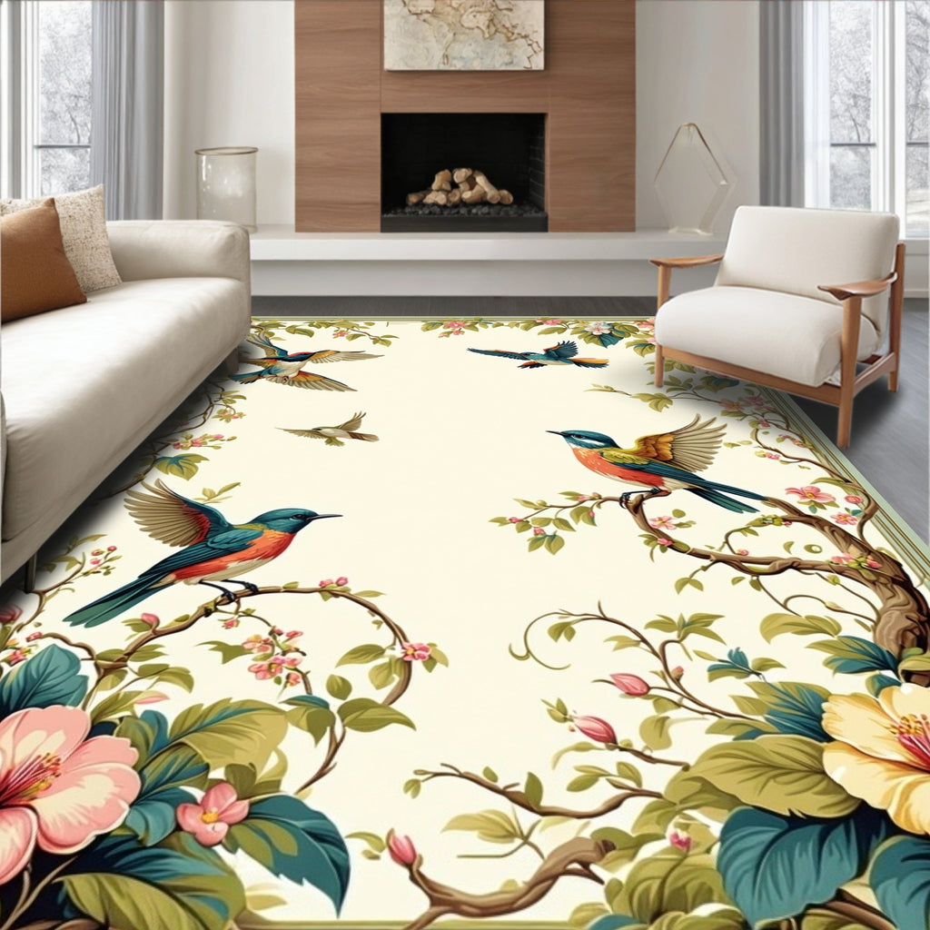 Vintage Birds Blossoms Pattern Rug