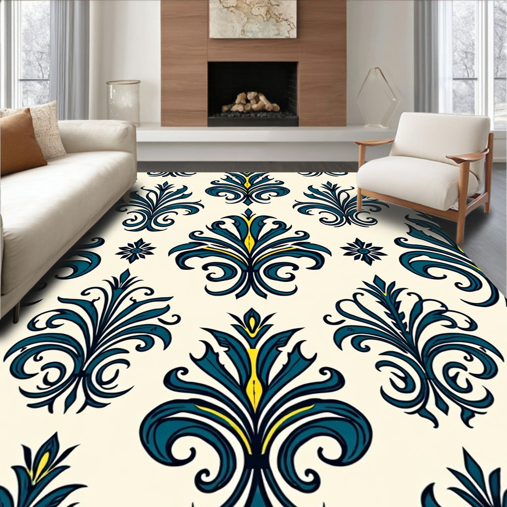 Teal Blue Flourish Damask Design Rug