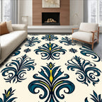 Teal Blue Flourish Damask Design Rug