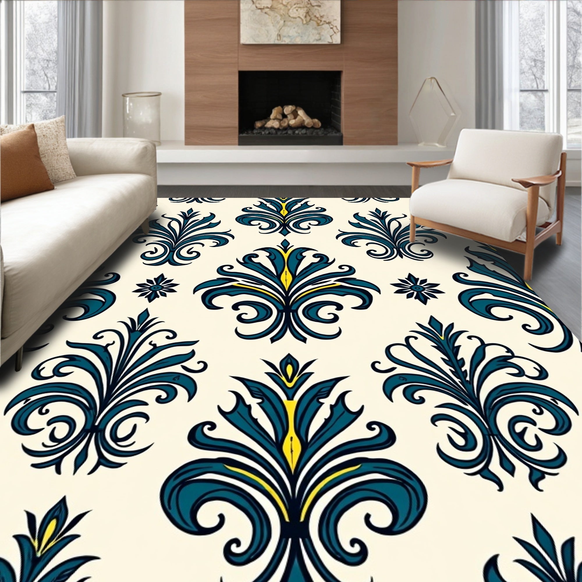 Teal Blue Flourish Damask Design Rug