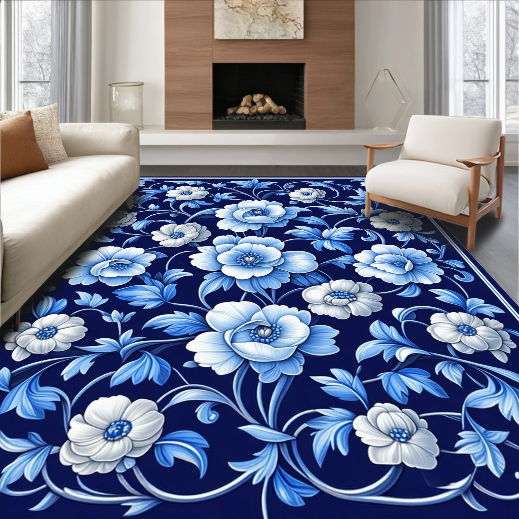 Blue White Floral Vine Pattern Rug