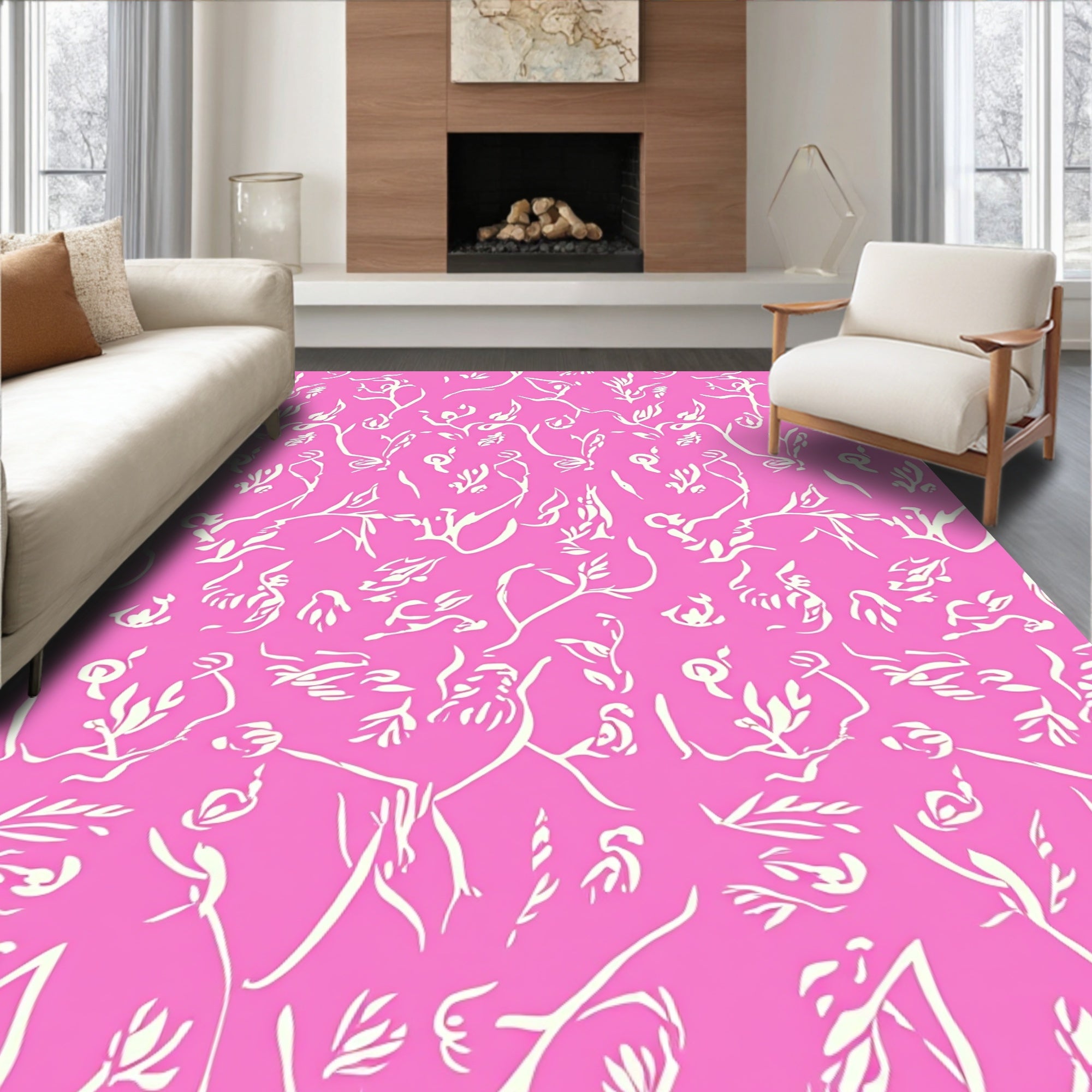 Pink Botanical Abstract Vine Design Rug