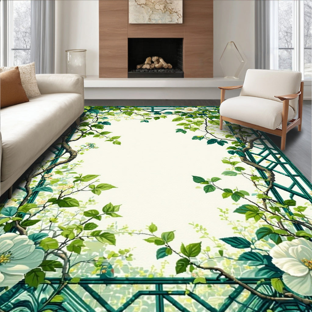 Green Vine White Floral Garden Rug