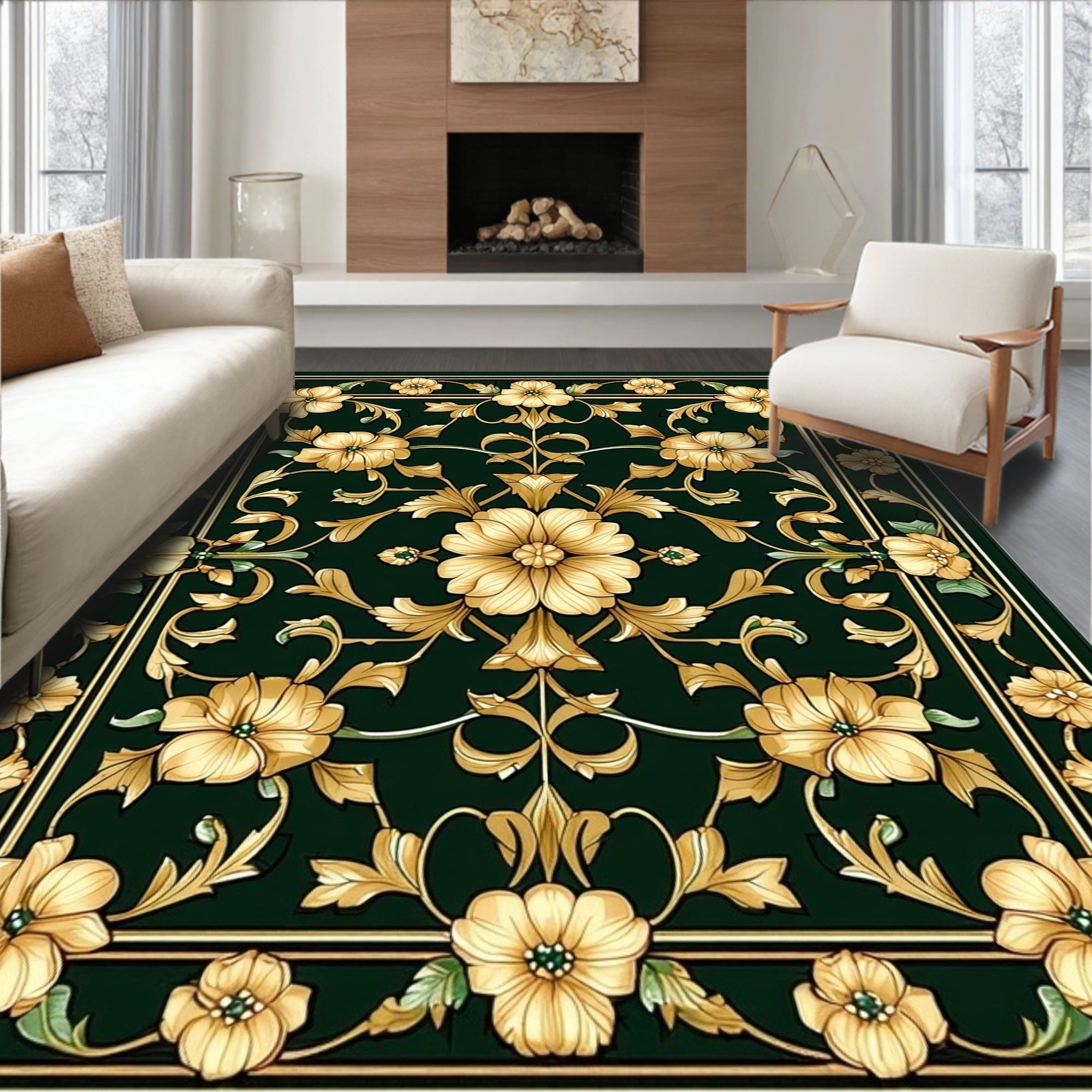Golden Floral Scroll Classic Rug