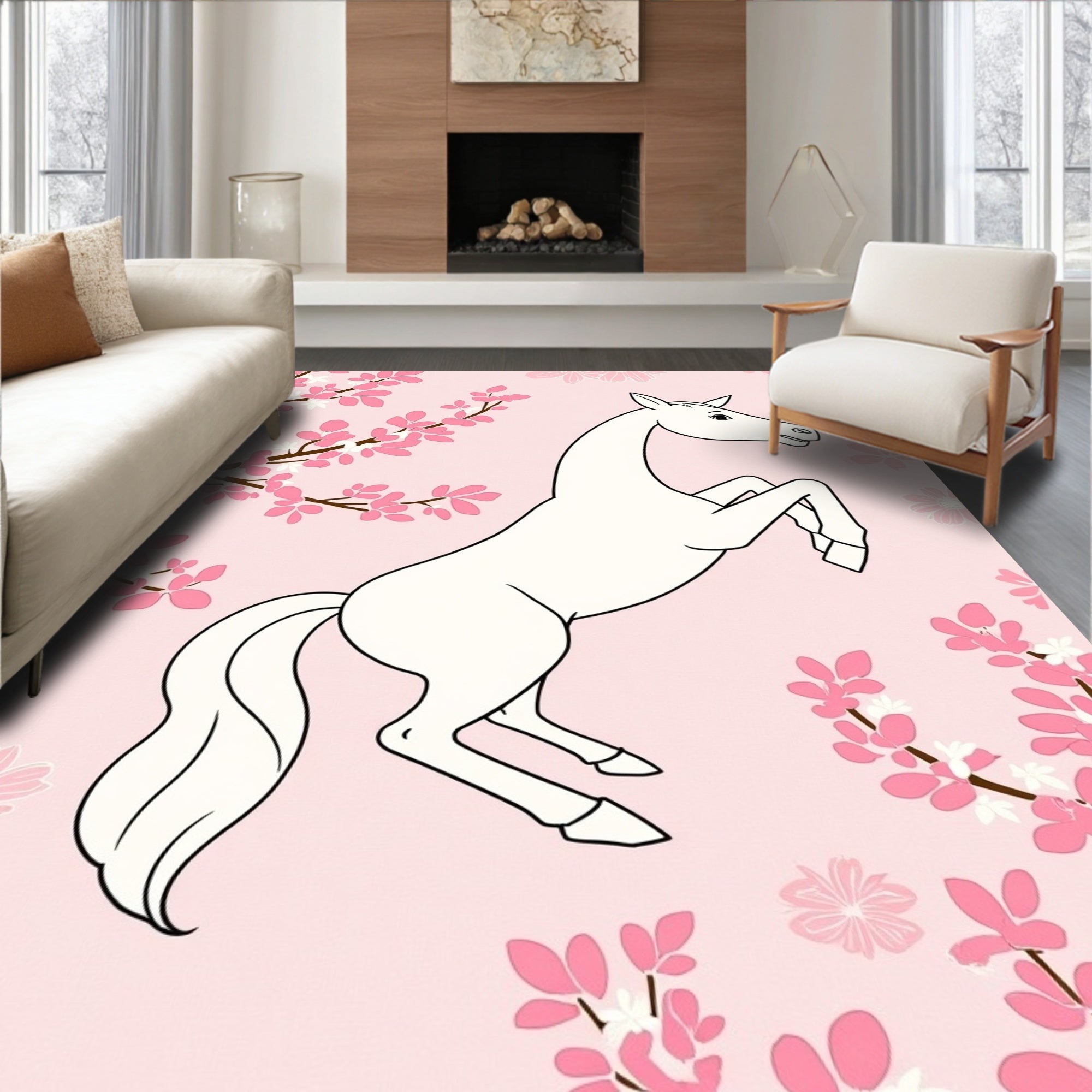 Graceful Horse and Cherry Blossom Design Rug