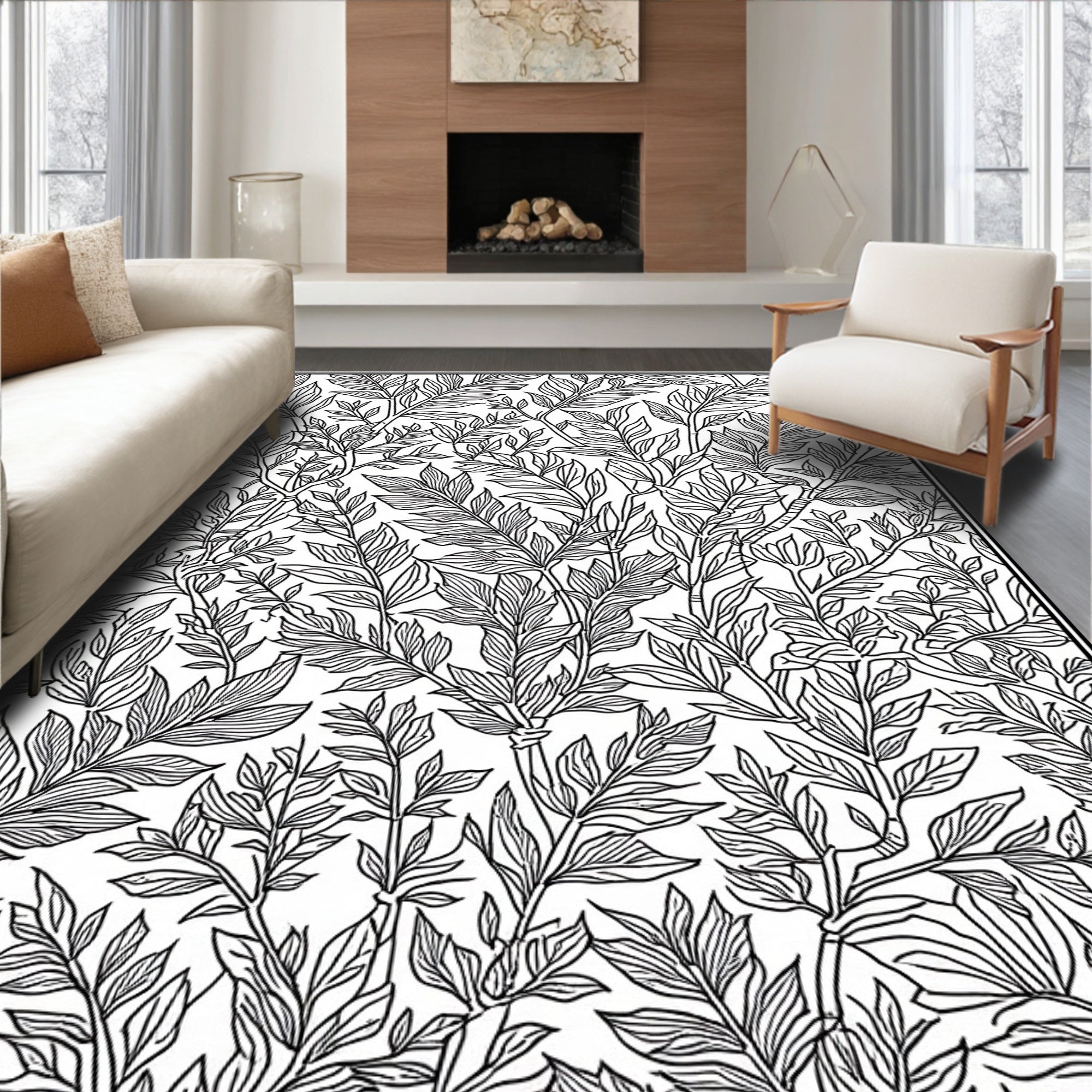 Classic Leaf Pattern Monochrome Rug