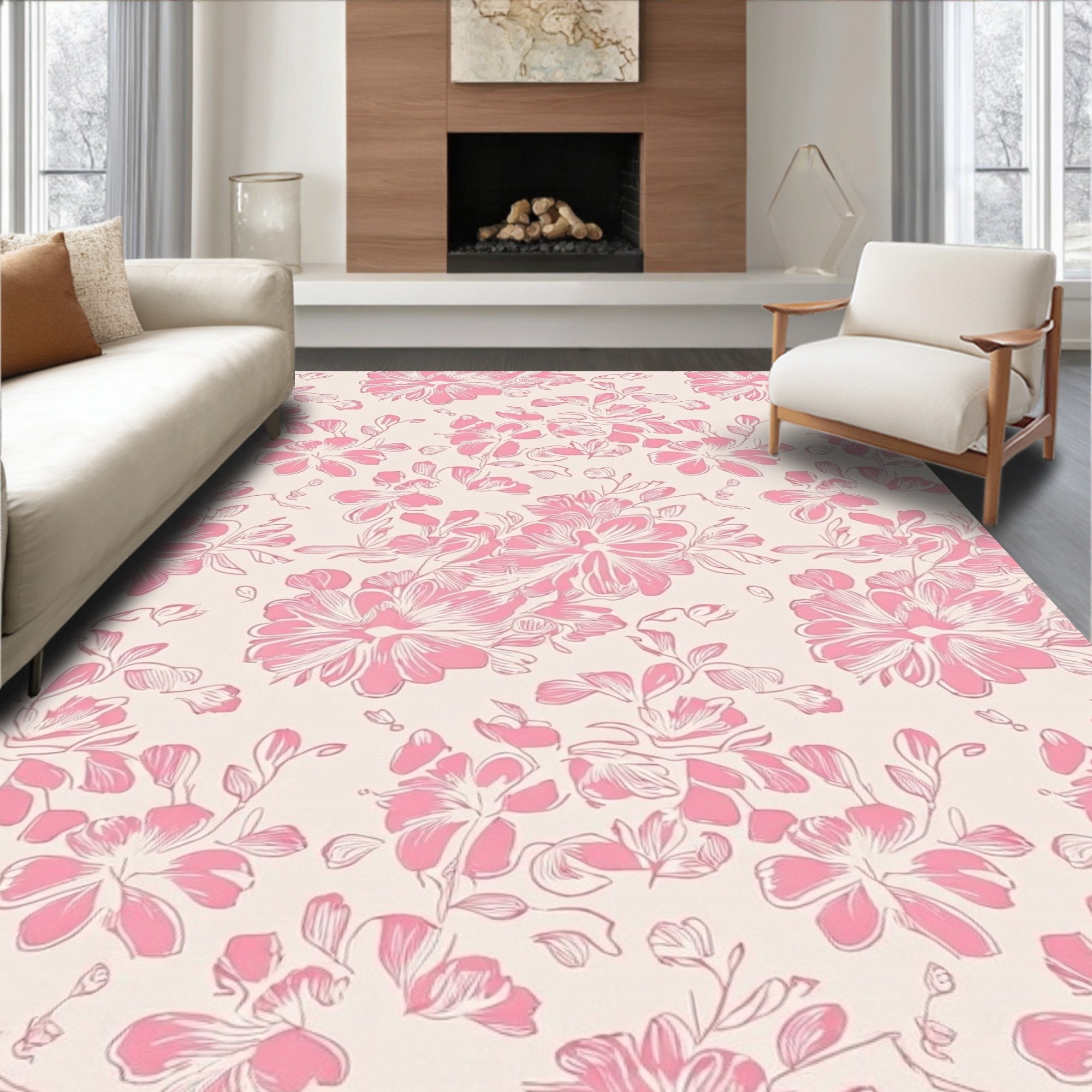Pink Floral Sketch Pattern Rug