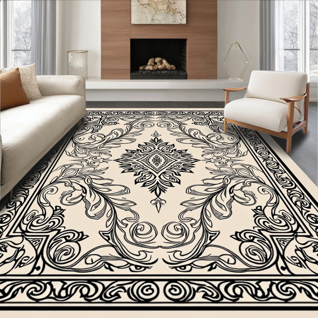 Ornate Floral Scrollwork Monochromatic Design Rug