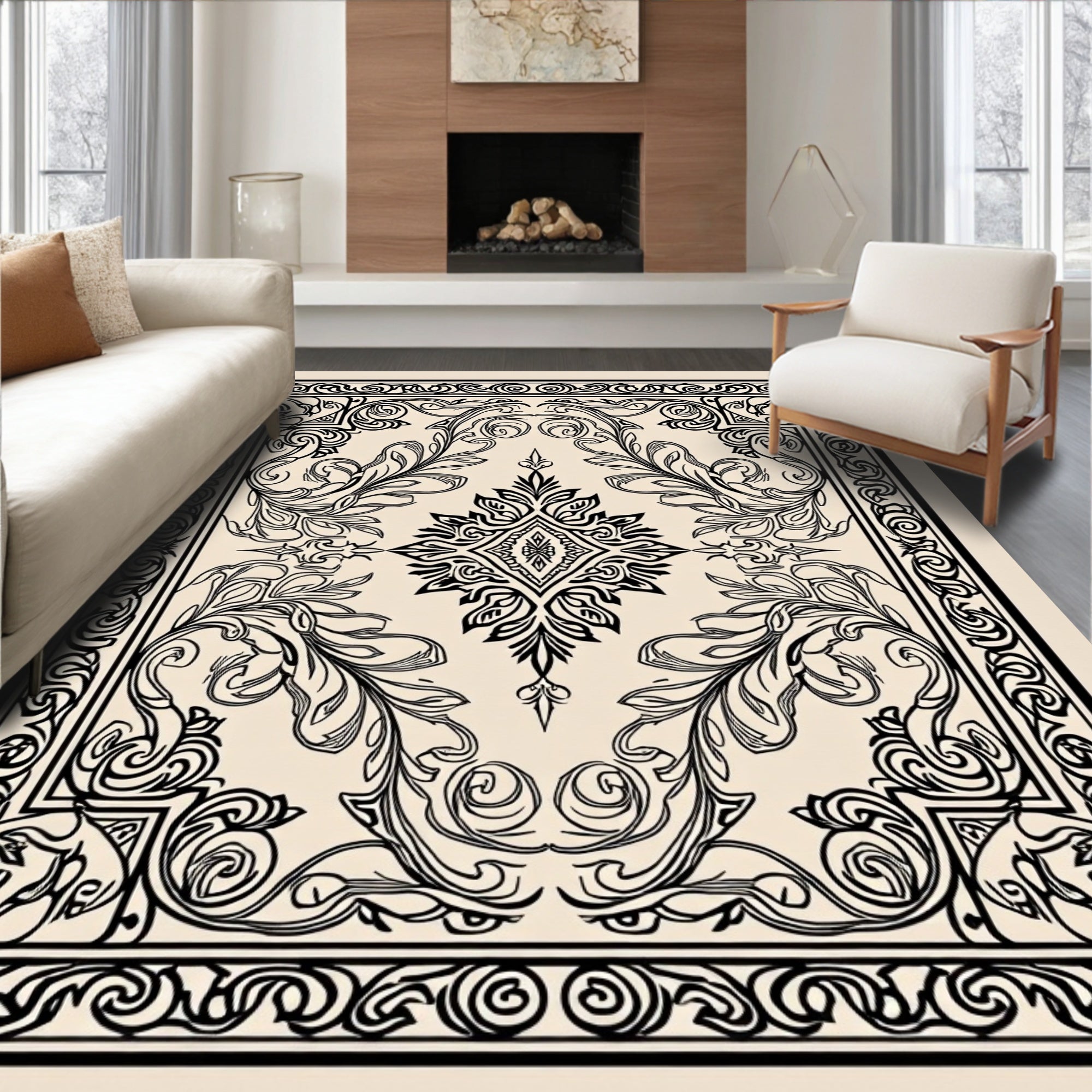 Ornate Floral Scrollwork Monochromatic Design Rug