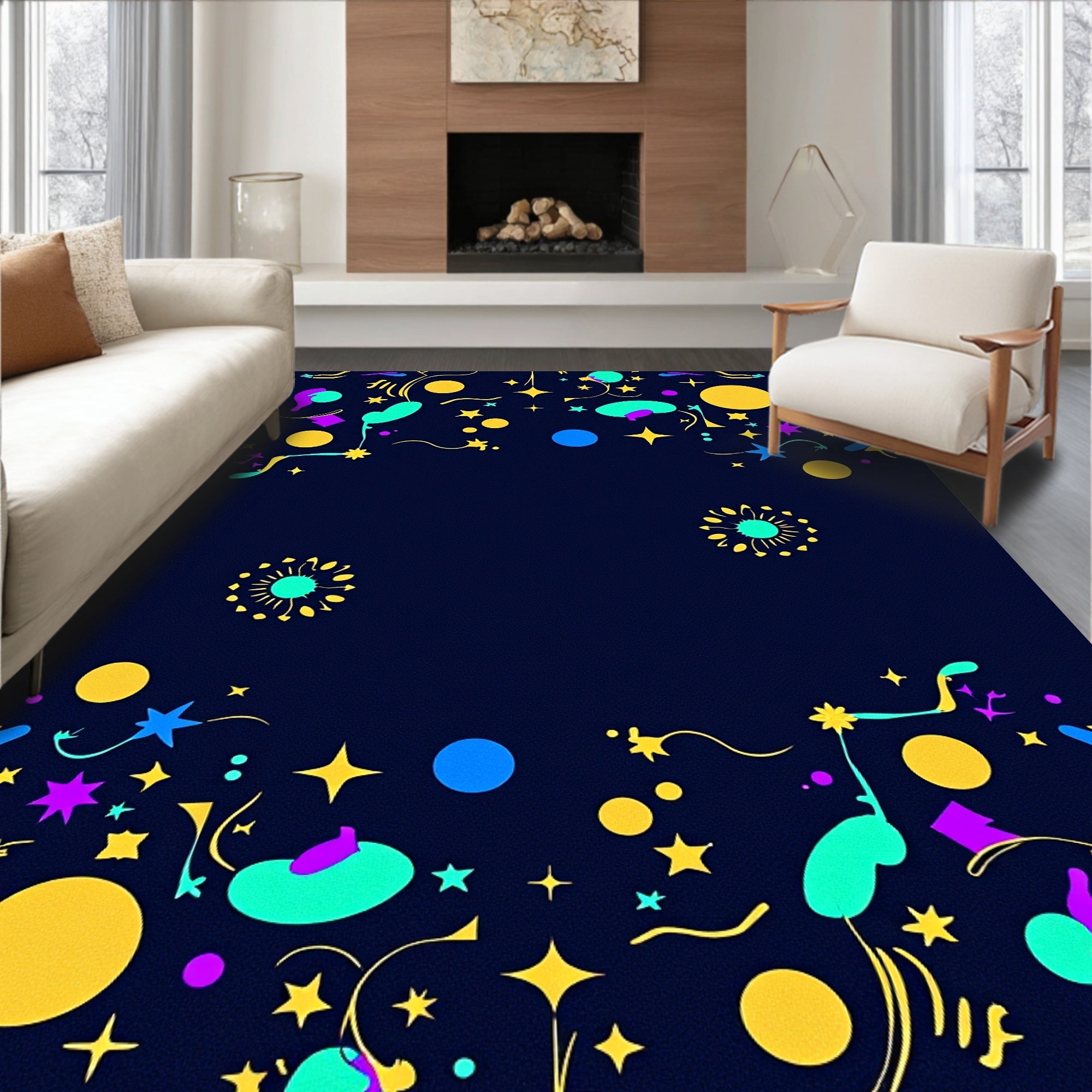 Vibrant Confetti Stars on Navy Background Rug