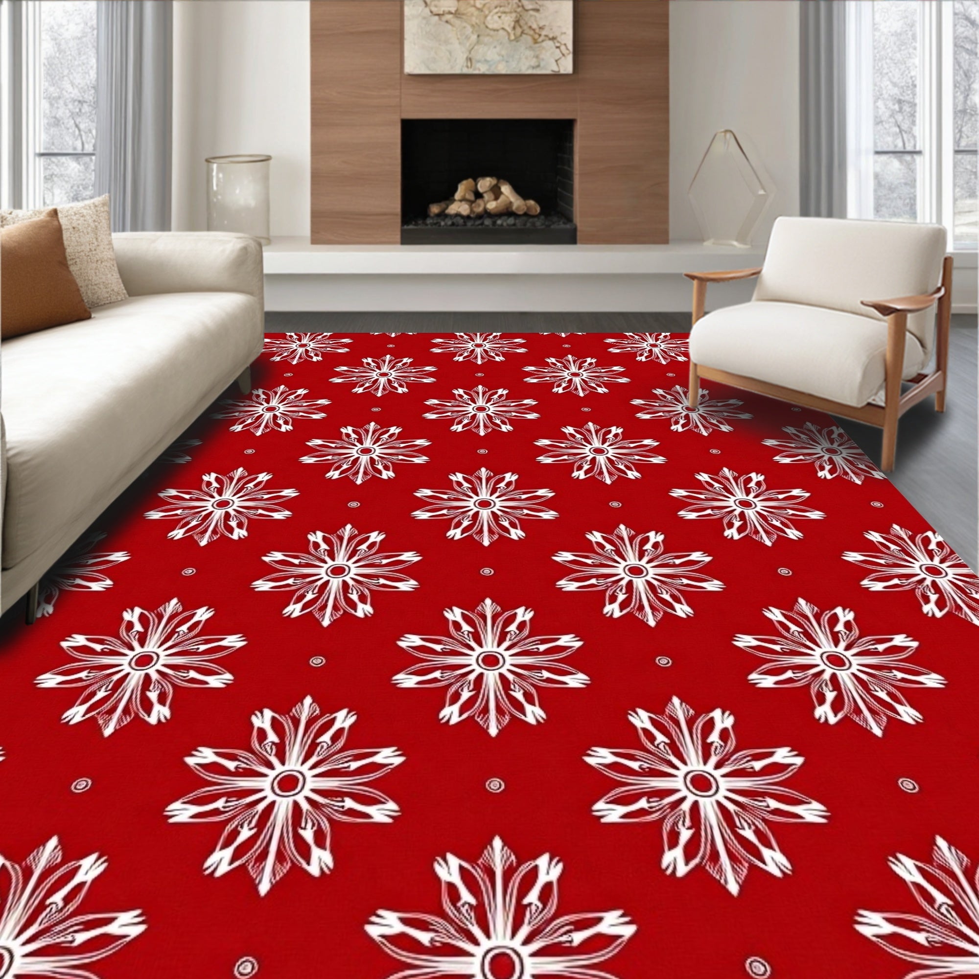 Crimson White Geometric Floral Medallion Rug