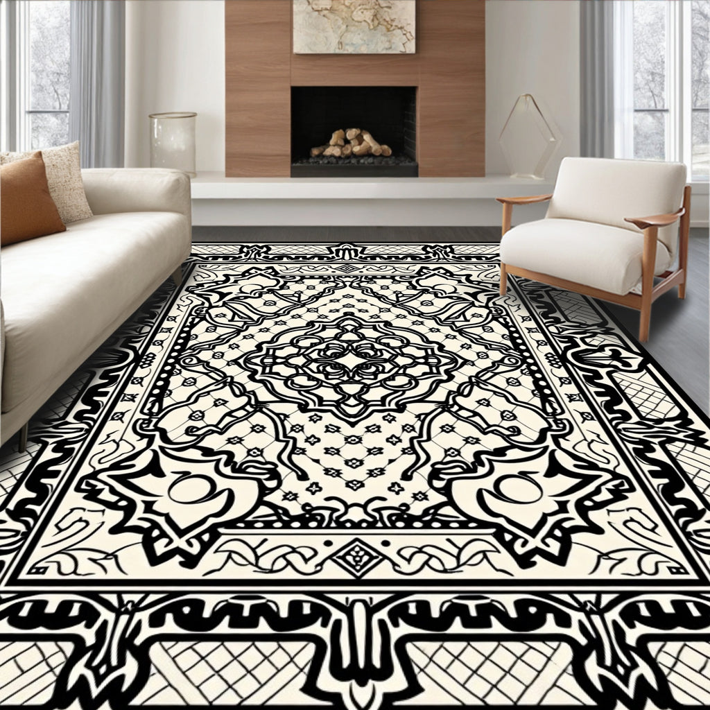 Intricate Black Geometric Symmetry Rug