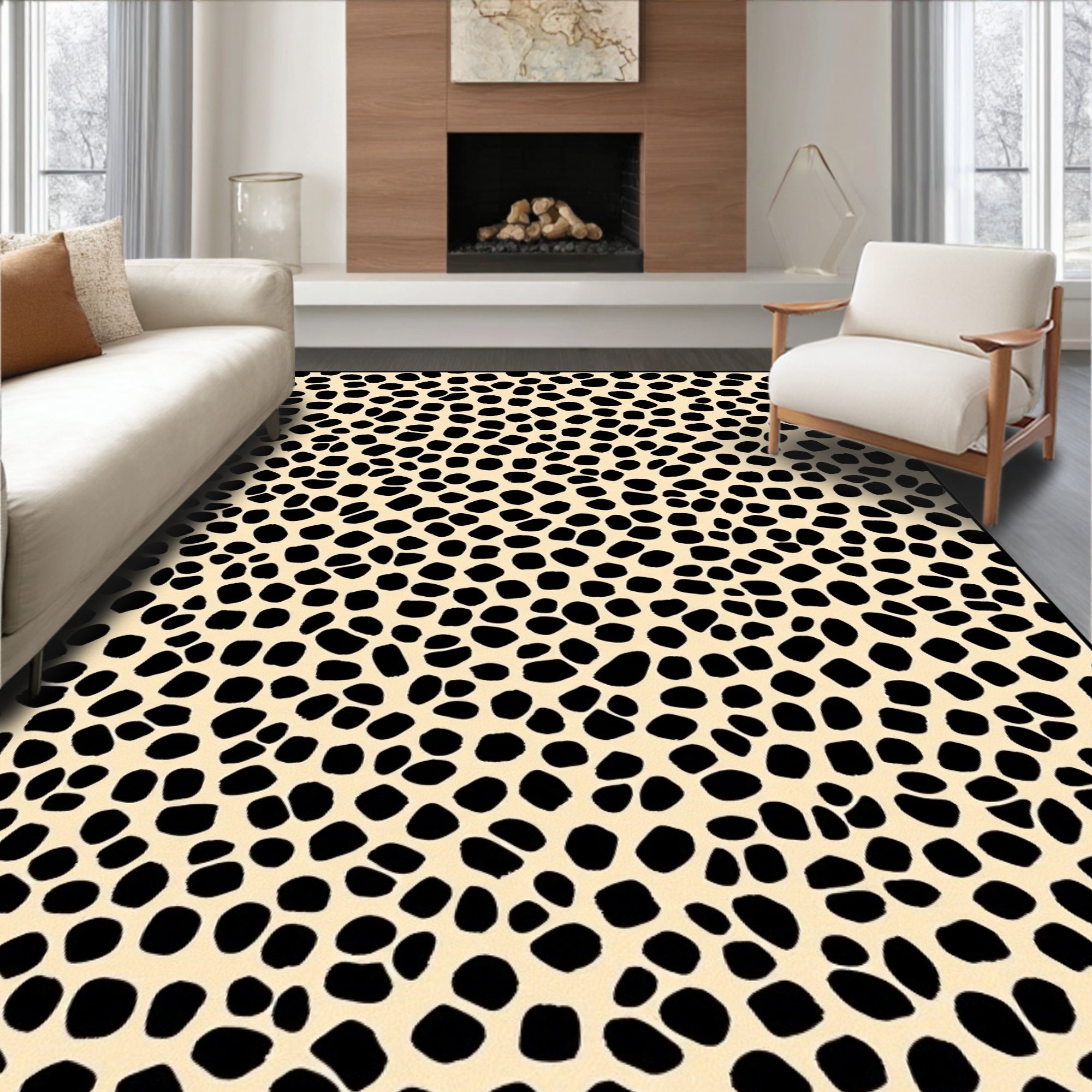 Black Dot Pattern Cream Background Rug