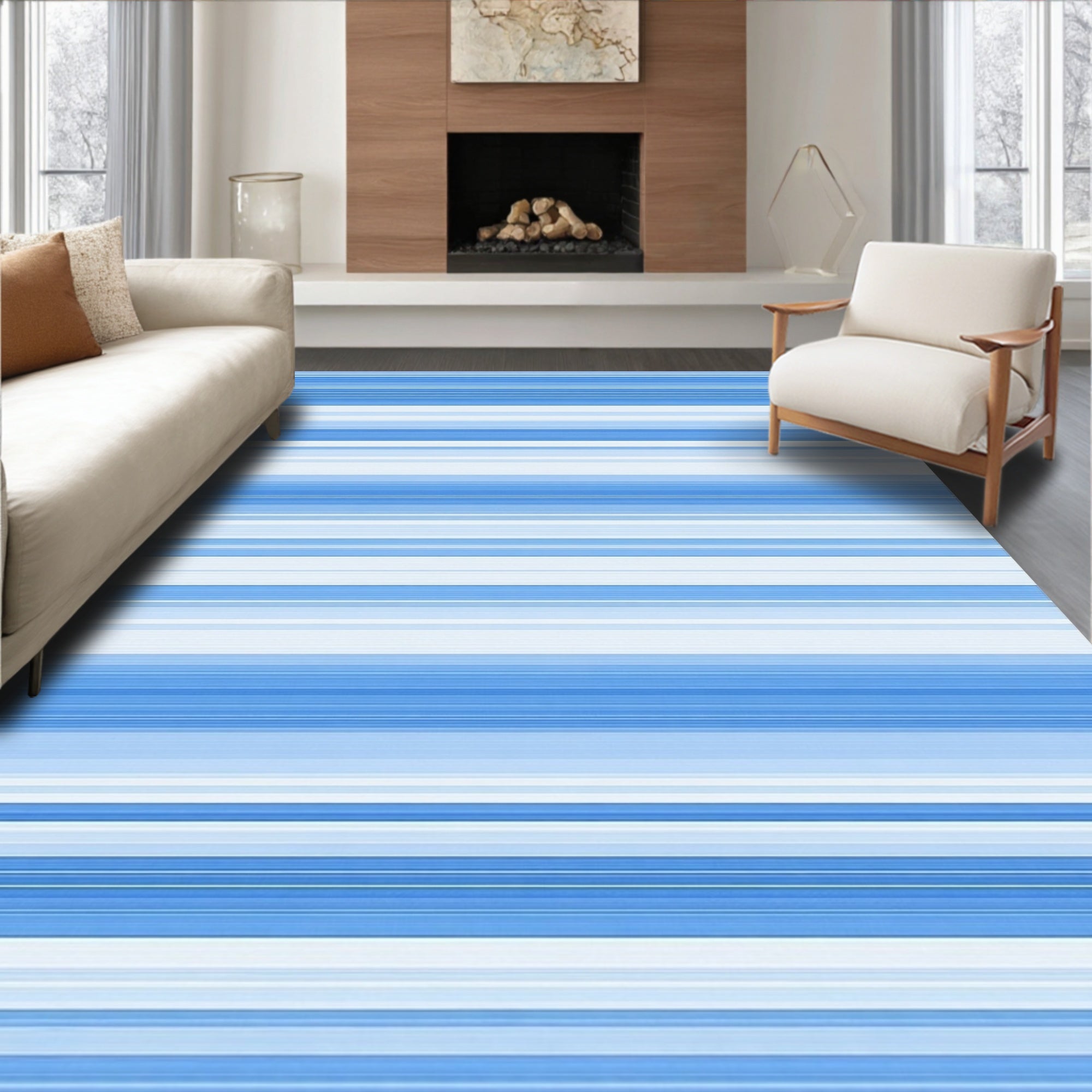 Cool Blue Striped Modern Rug