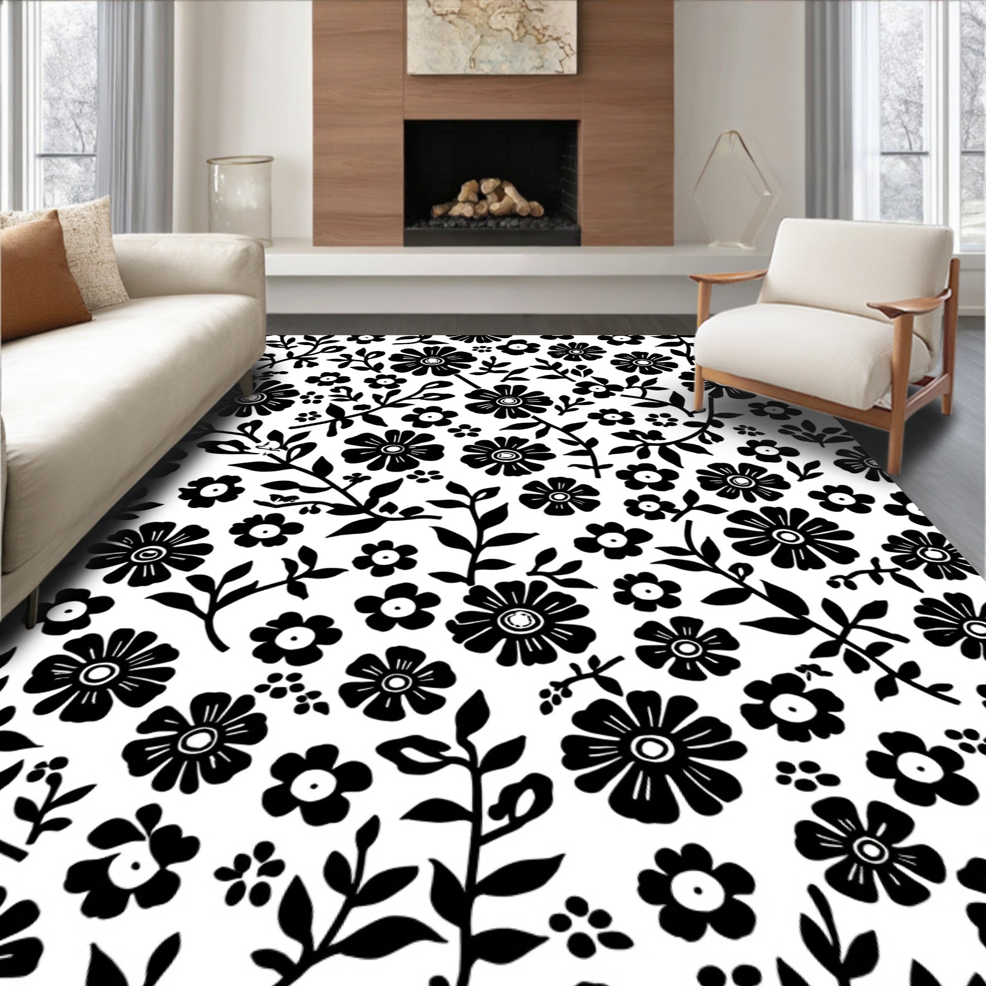Classic Black White Floral Pattern Rug