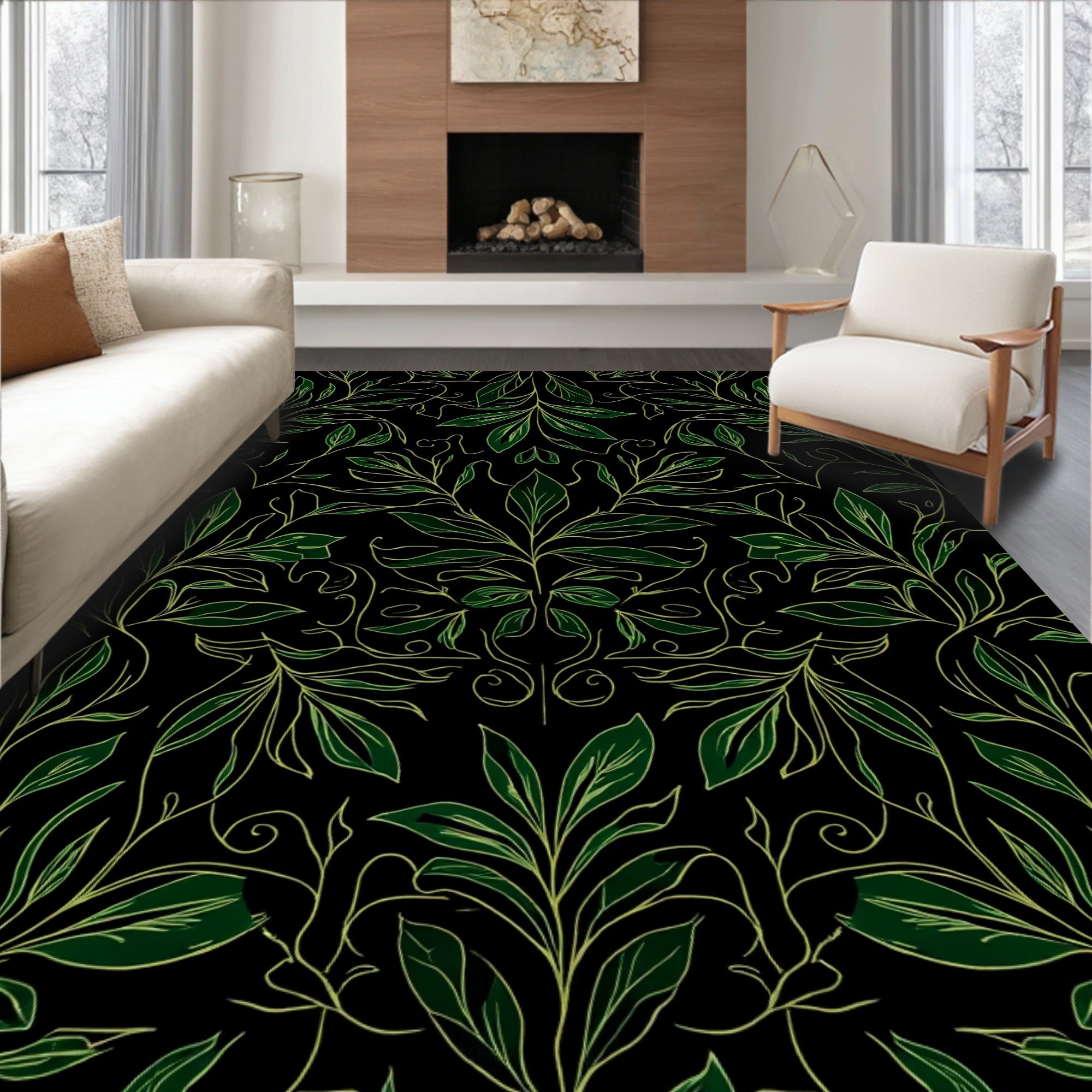 Lush Green Leafy Vine Pattern Rug