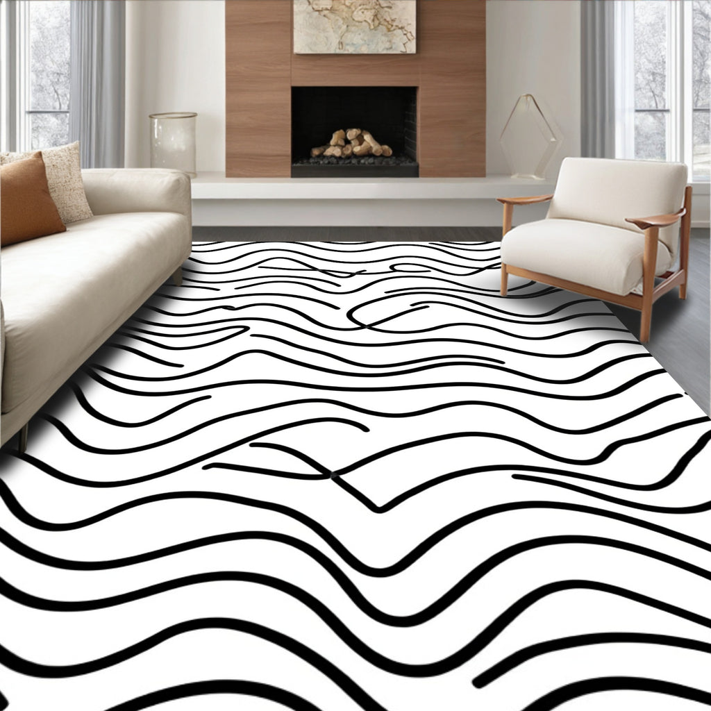 Abstract Black White Wavy Stripes Rug