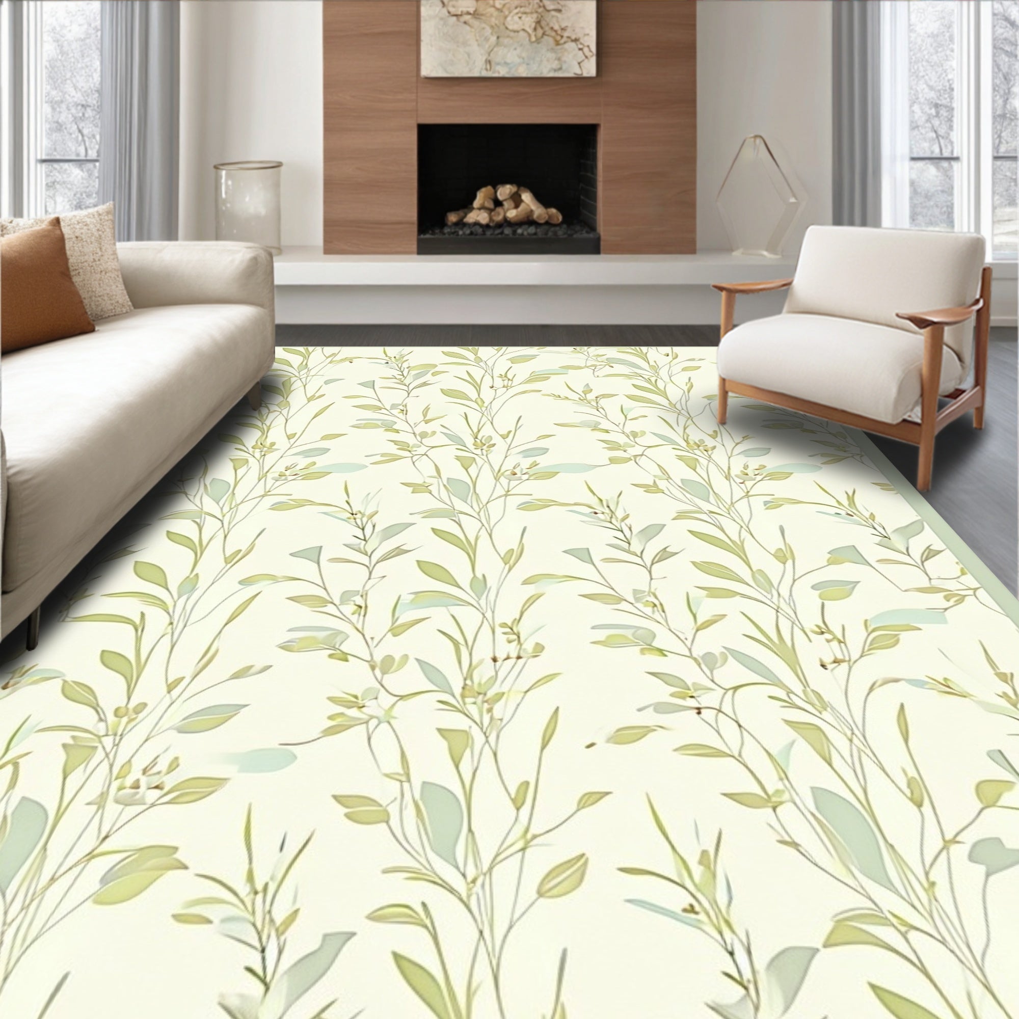 Light Green Botanical Vine Pattern Rug