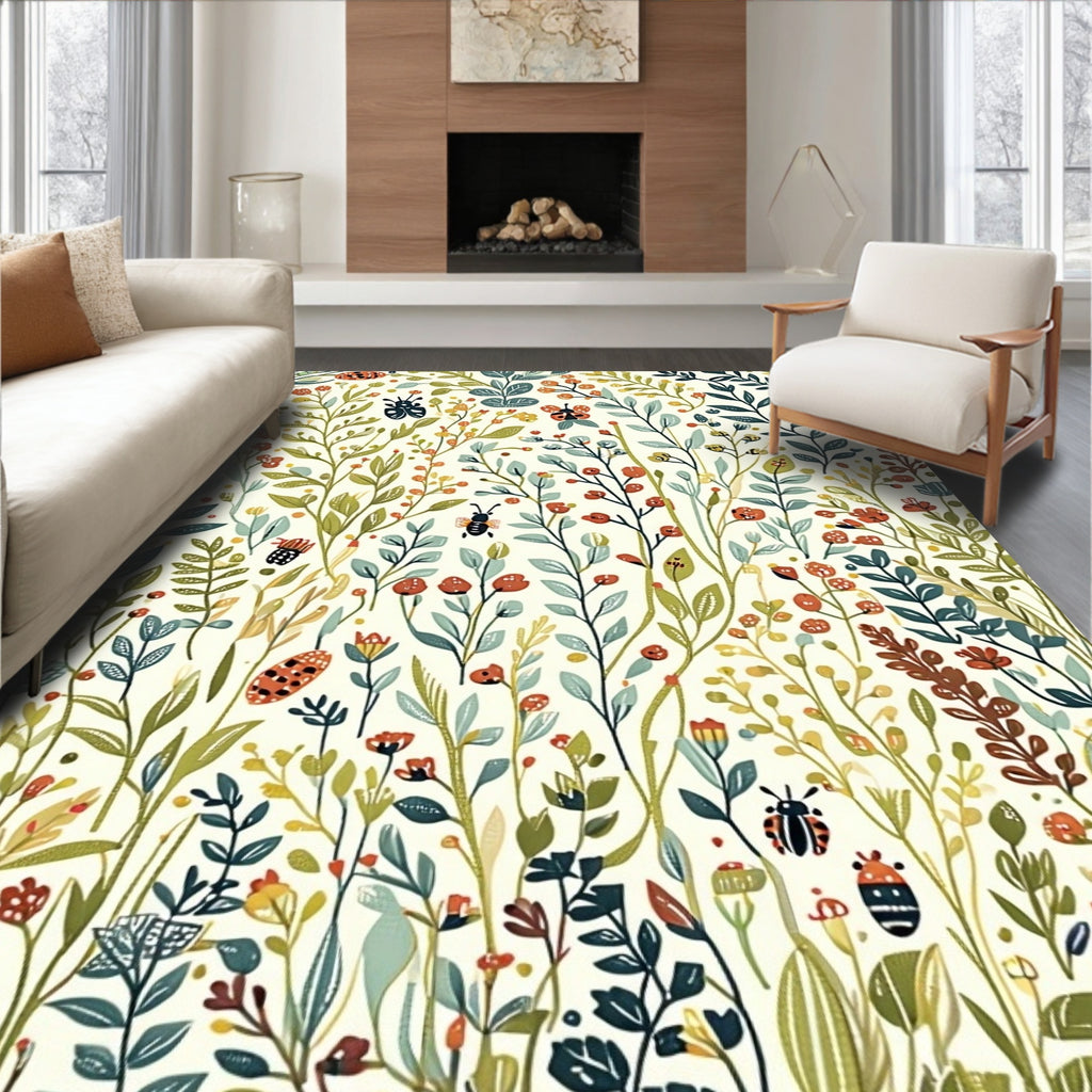 Whimsical Garden Bugs Blossoms Pattern Rug