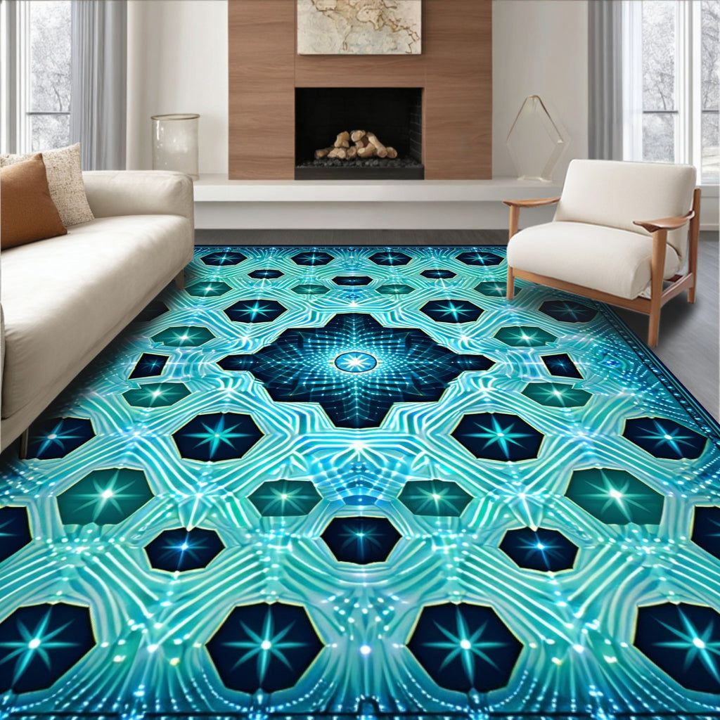 Abstract Geometric Starburst Blue Rug