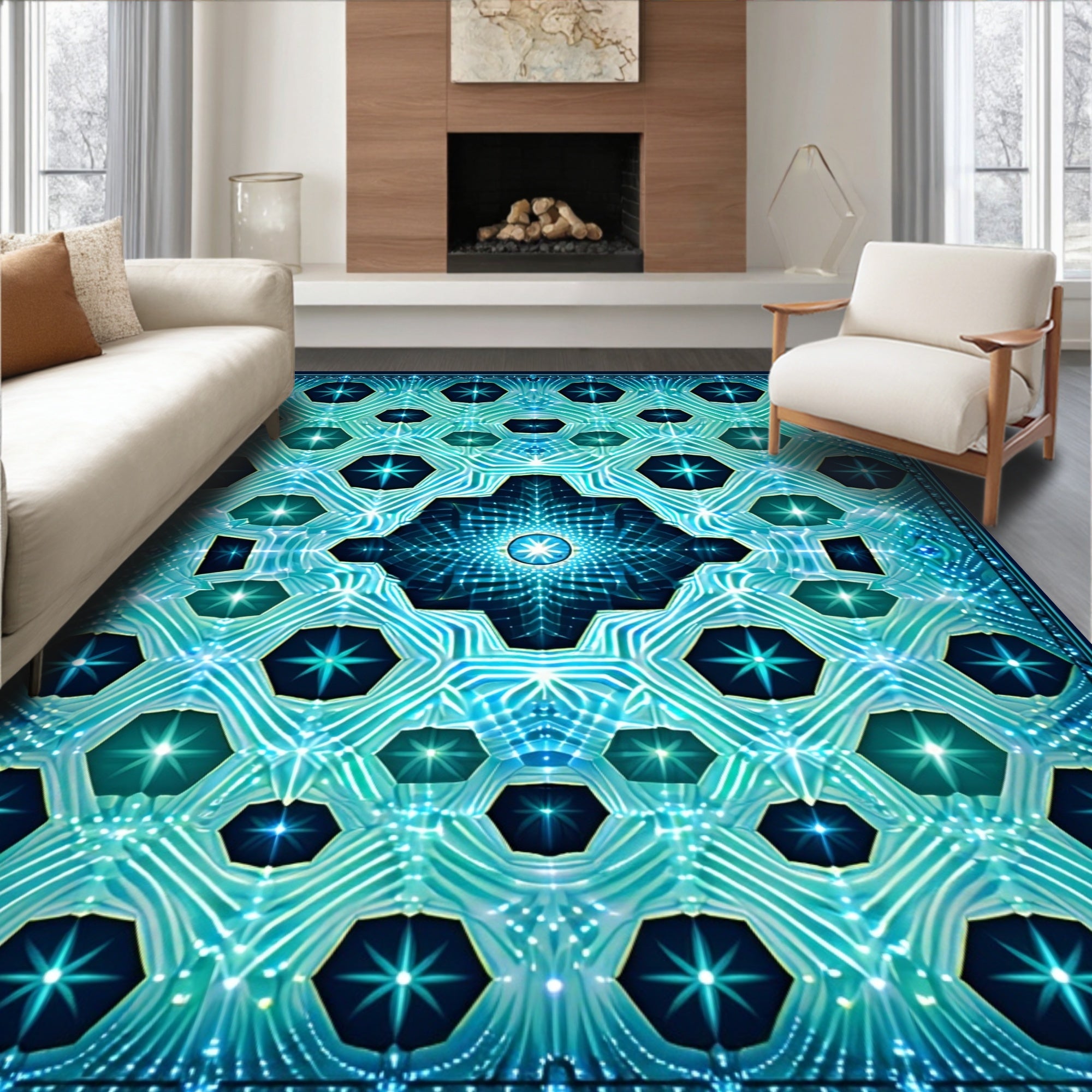 Abstract Geometric Starburst Blue Rug