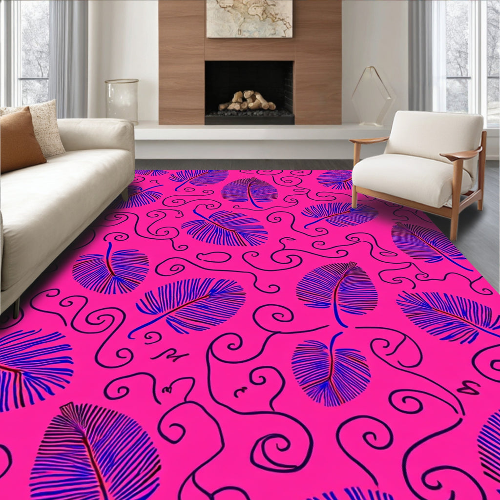 Vibrant Pink Blue Leaf Swirl Design Rug