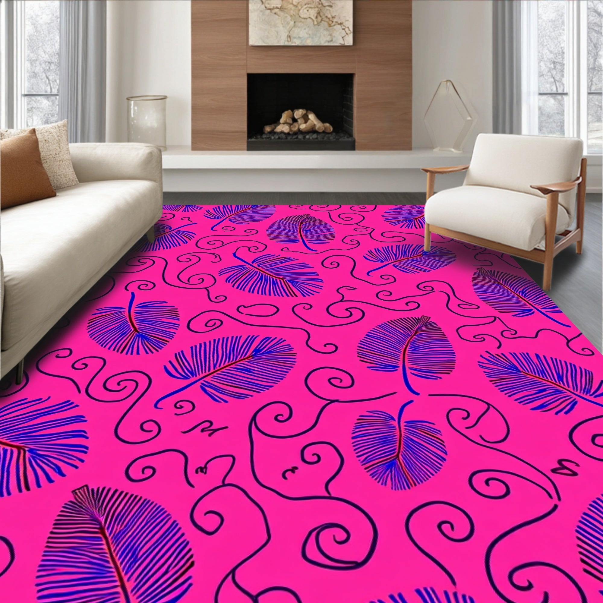 Vibrant Pink Blue Leaf Swirl Design Rug
