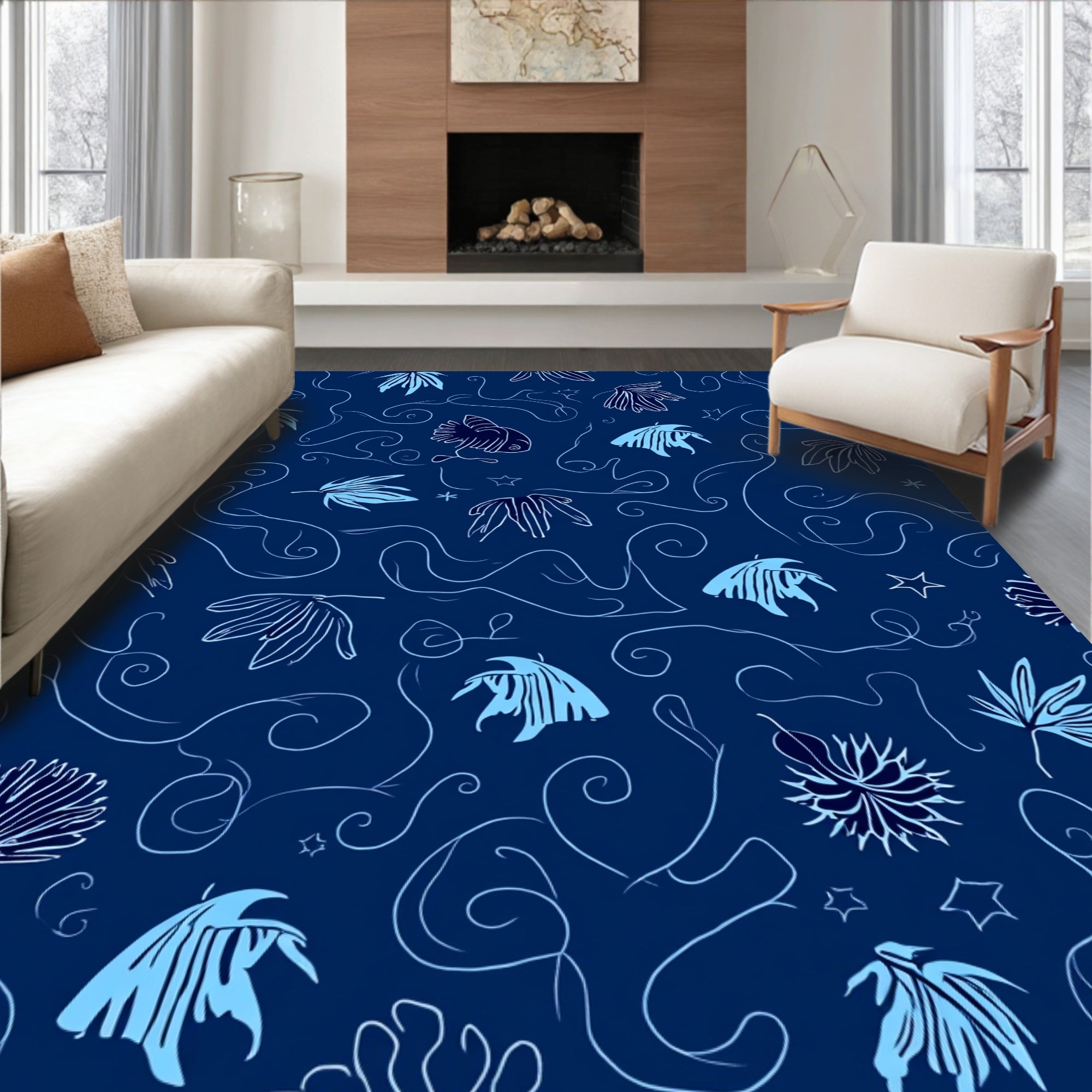 Oceanic Abstract Fish Leaves Rug
