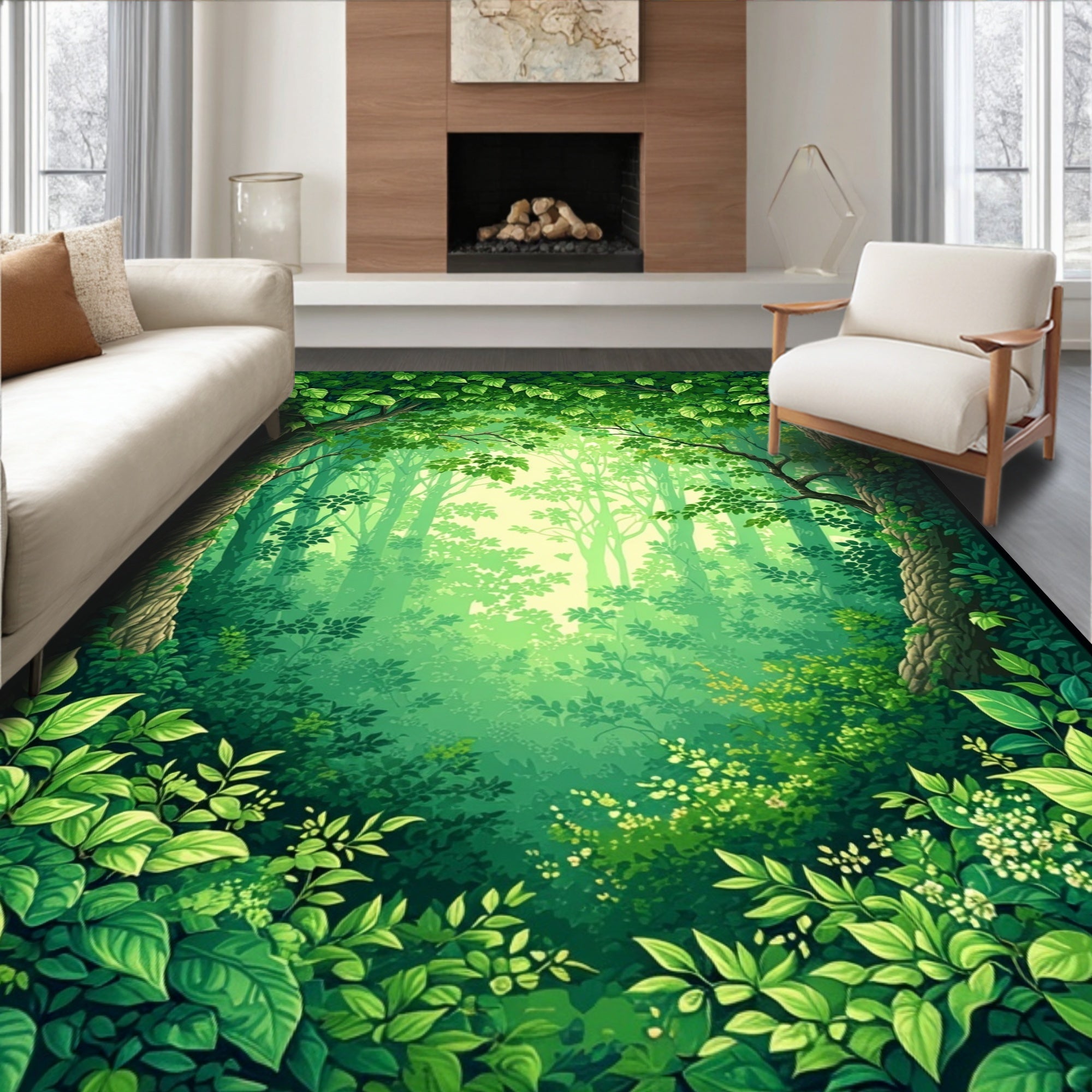 Lush Green Forest Canopy Pattern Rug