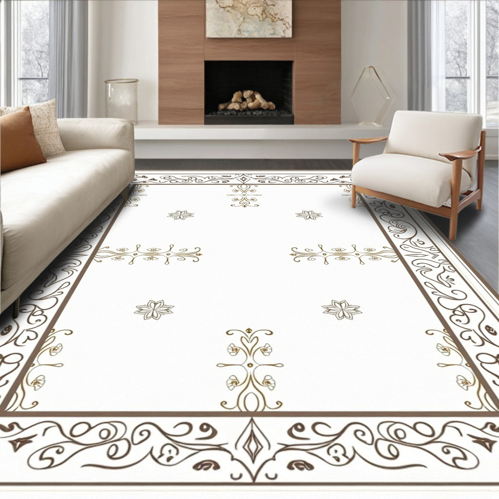 Ornate Brown Scrollwork Floral Arrangement Rug