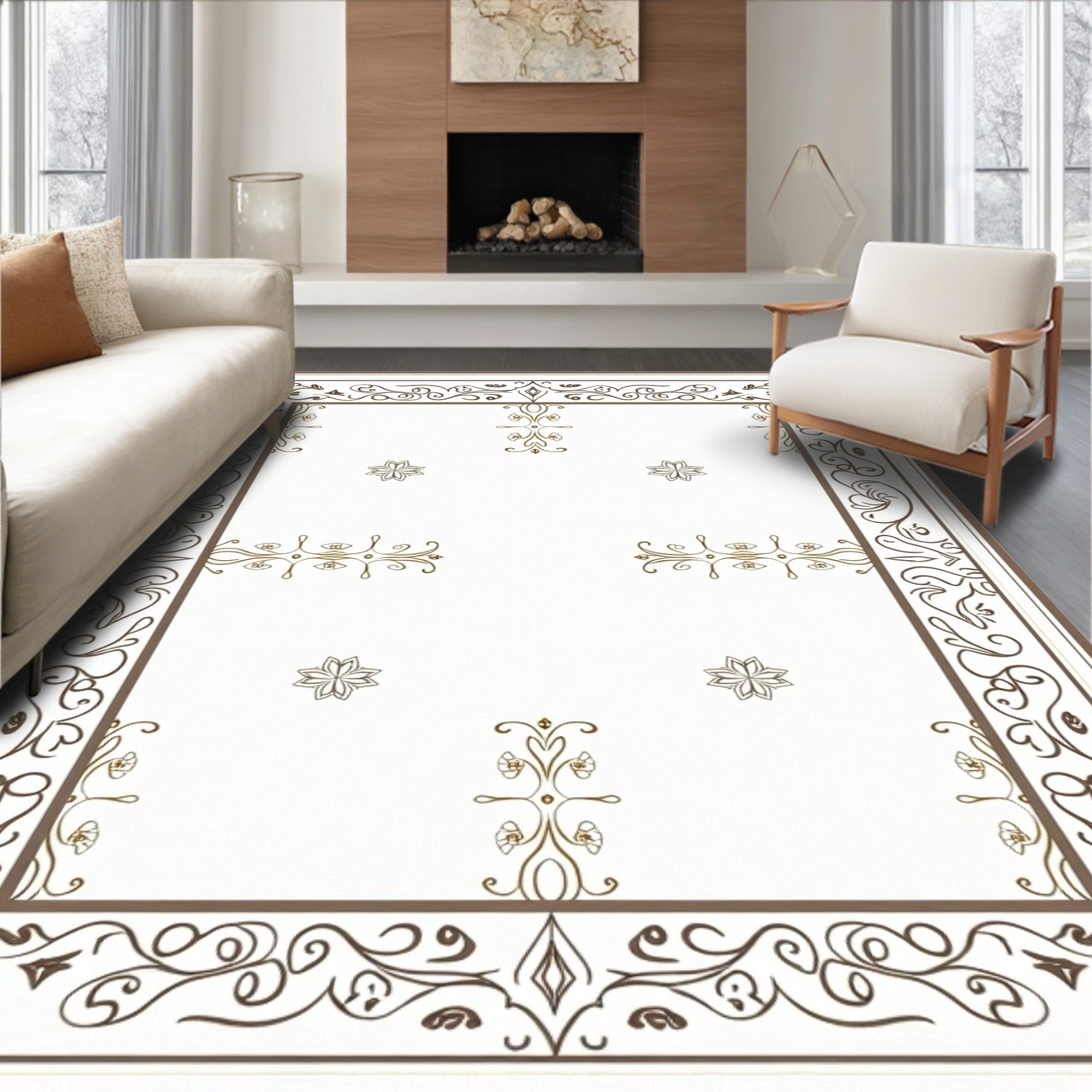 Ornate Brown Scrollwork Floral Arrangement Rug