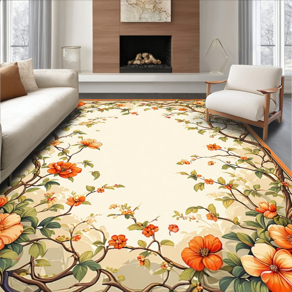 Vibrant Orange Floral Vine Pattern Rug
