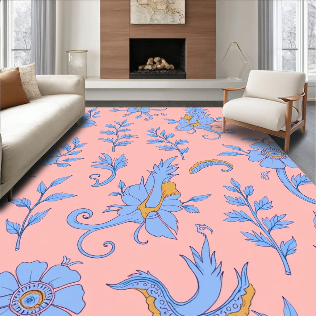 Blue Floral Branches And Swirls Rug