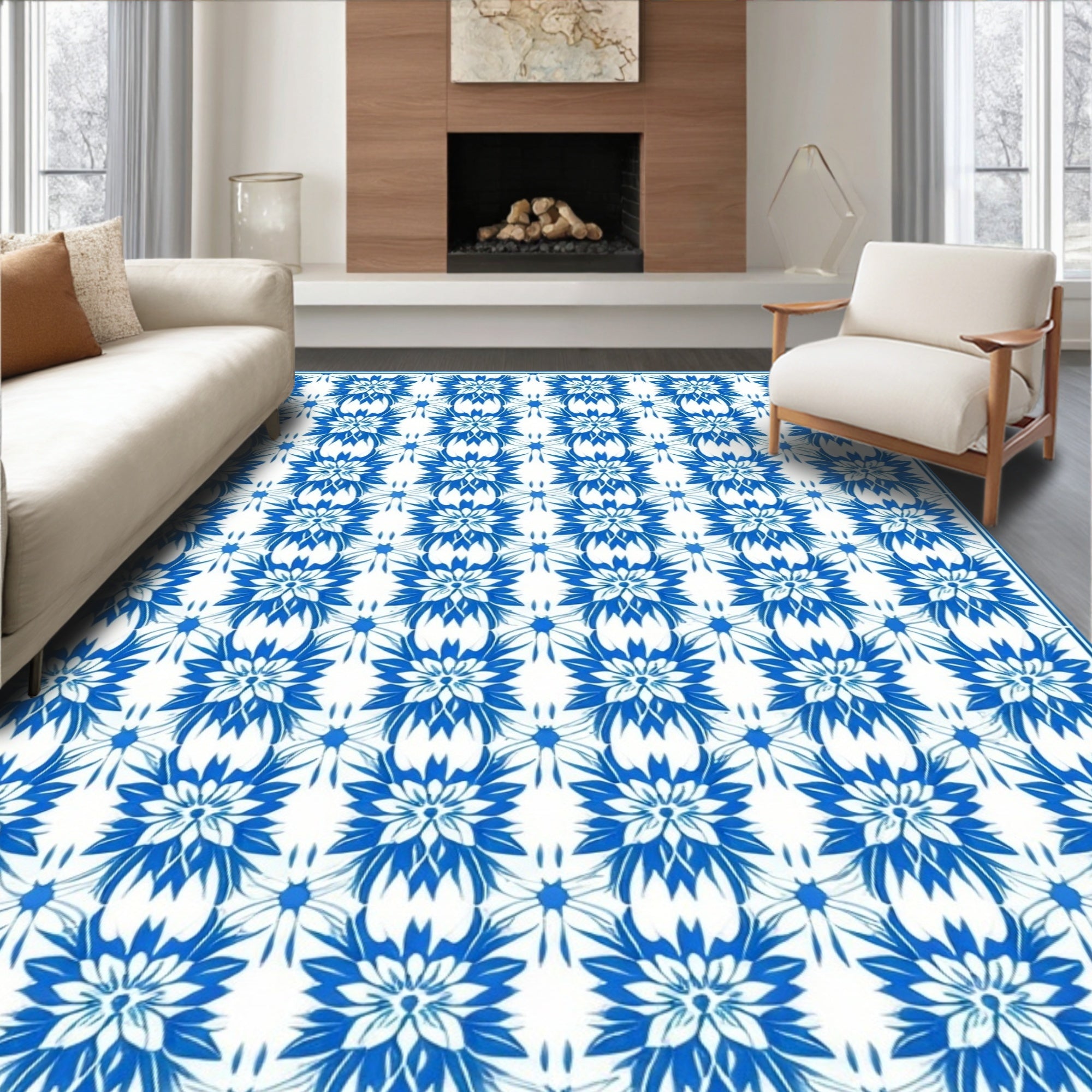 Blue White Floral Symmetry Pattern Rug