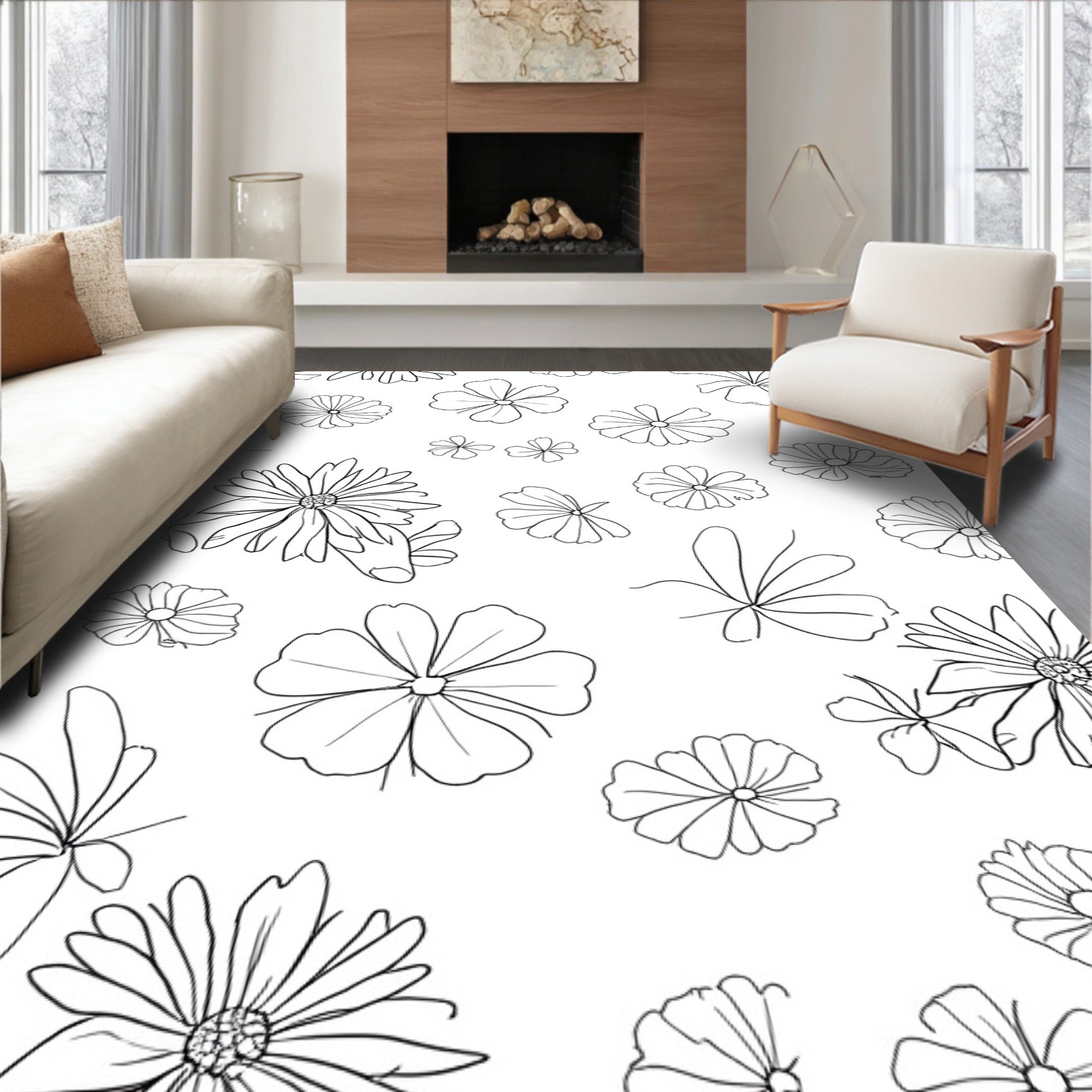 Line Art Floral Pattern Rug