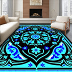 Vibrant Blue Black Floral Mandala Rug