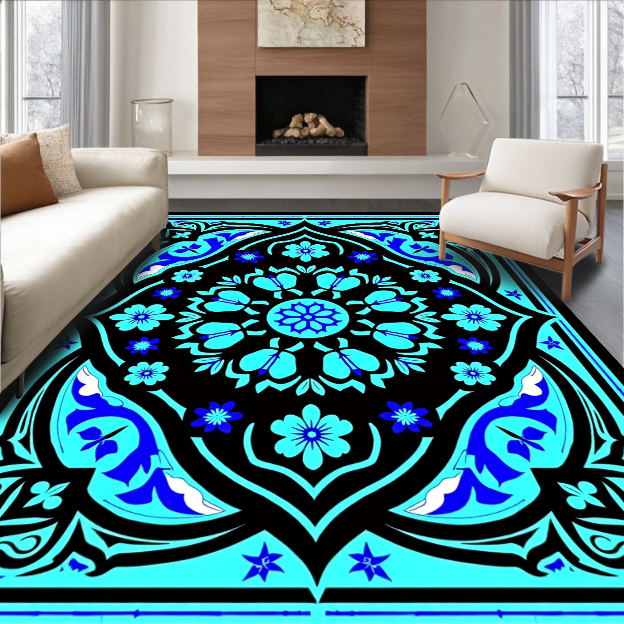 Vibrant Blue Black Floral Mandala Rug