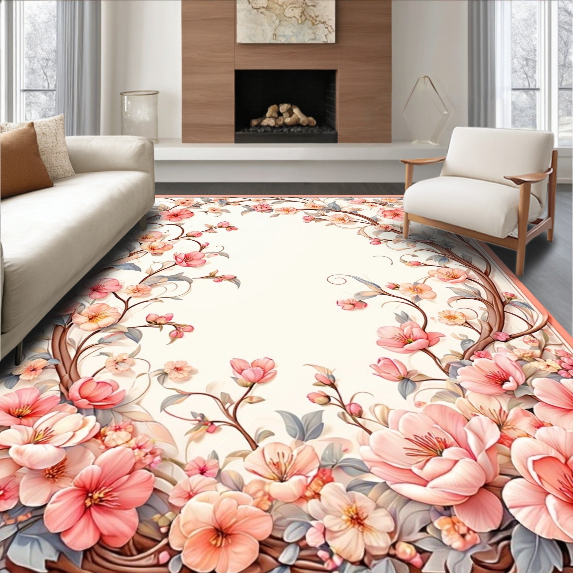 Delicate Blossom Swirls Floral Frame Rug