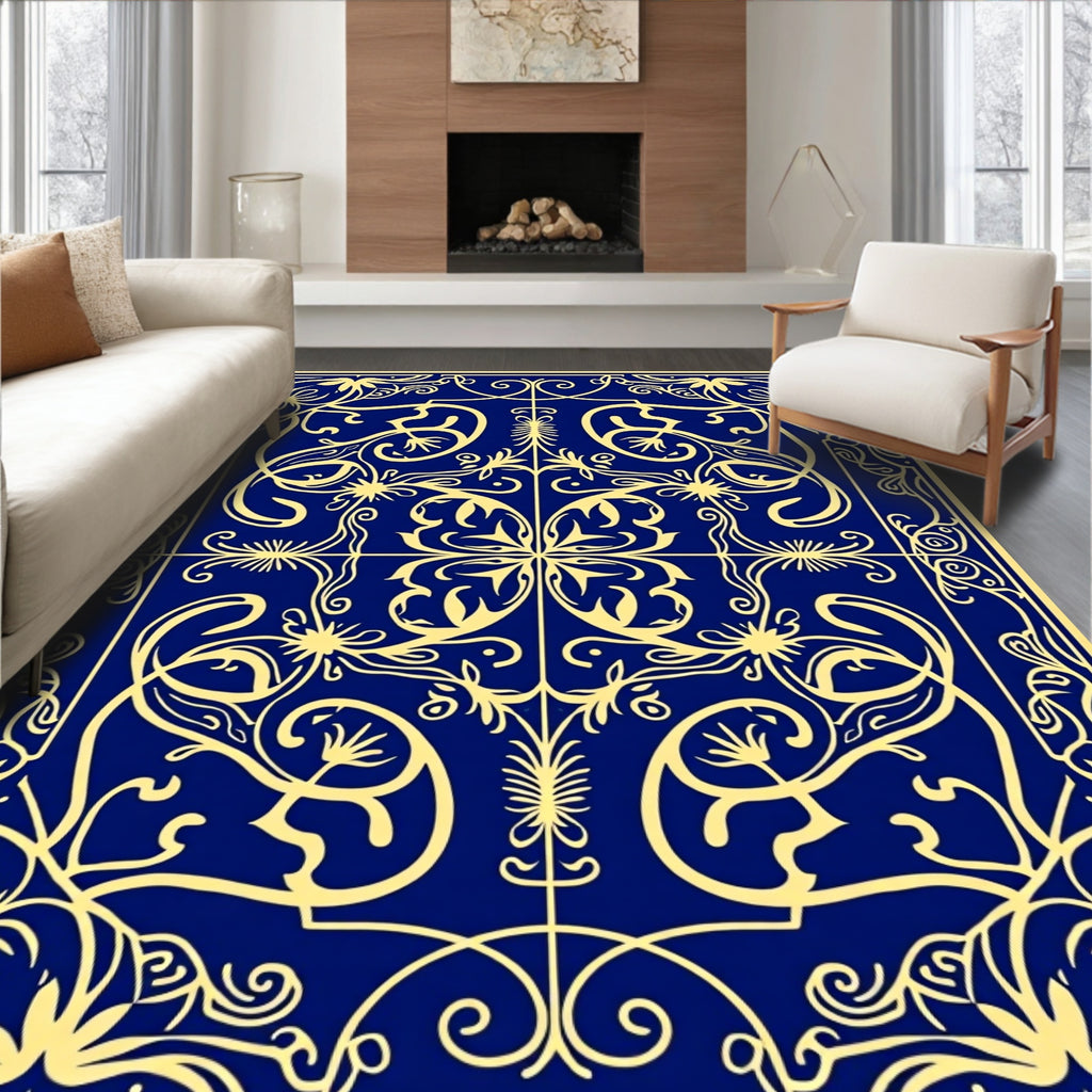 Royal Blue Golden Floral Symmetry Rug