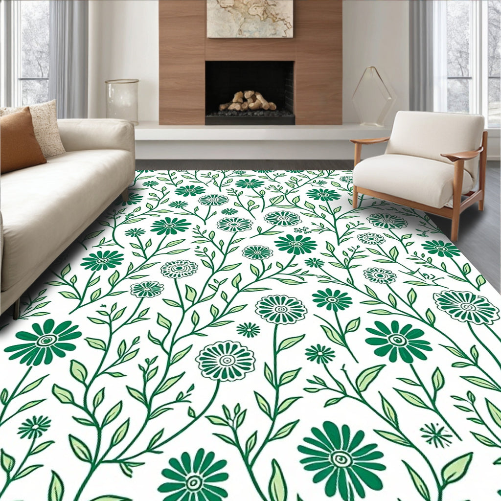 Whimsical Green Botanical Florals Rug