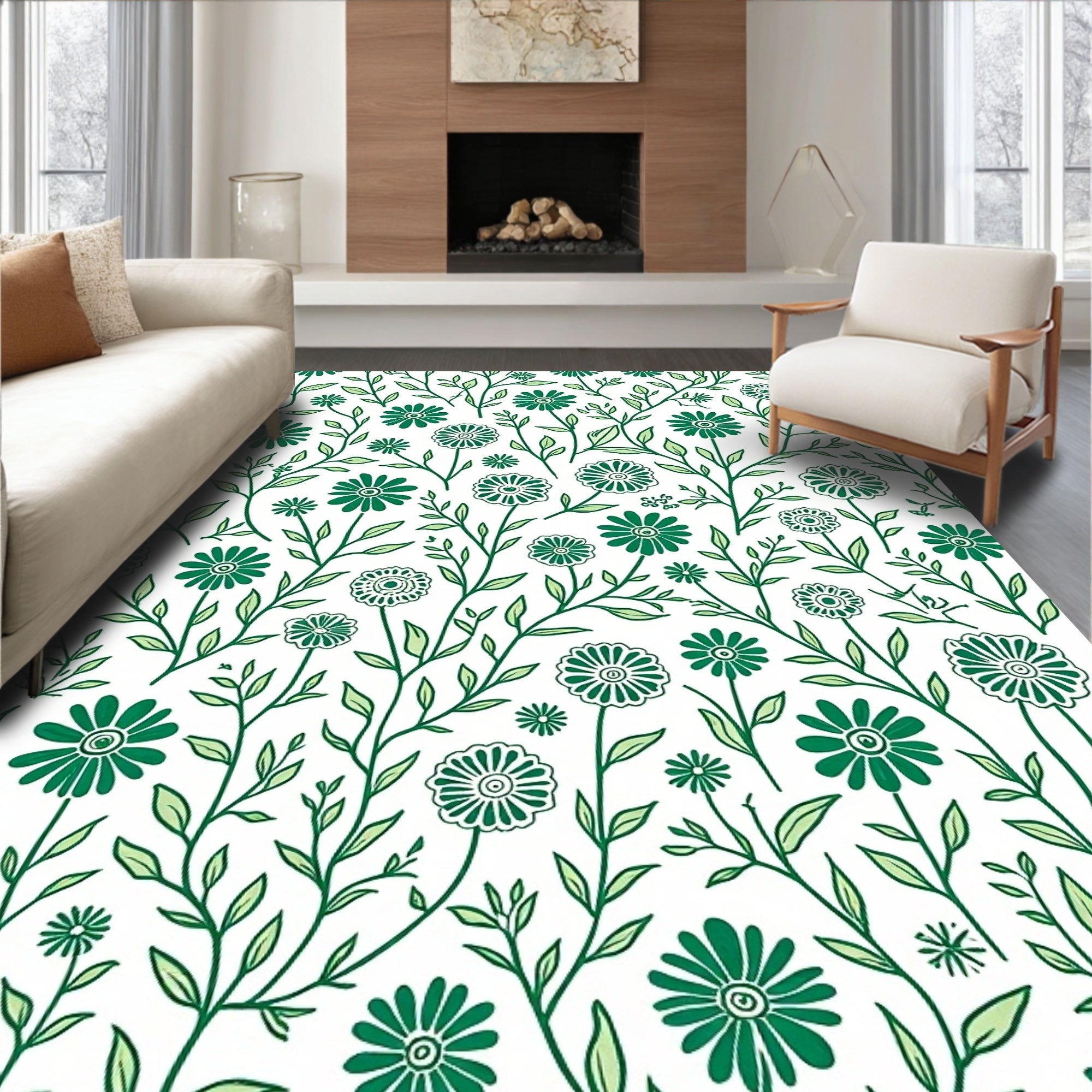 Whimsical Green Botanical Florals Rug