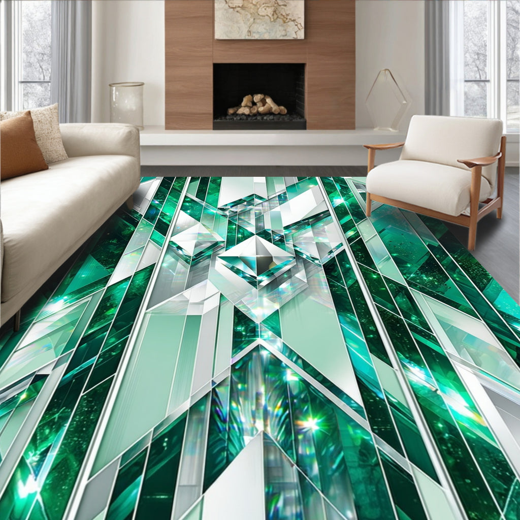 Emerald Gemstone Geometric Reflection Rug