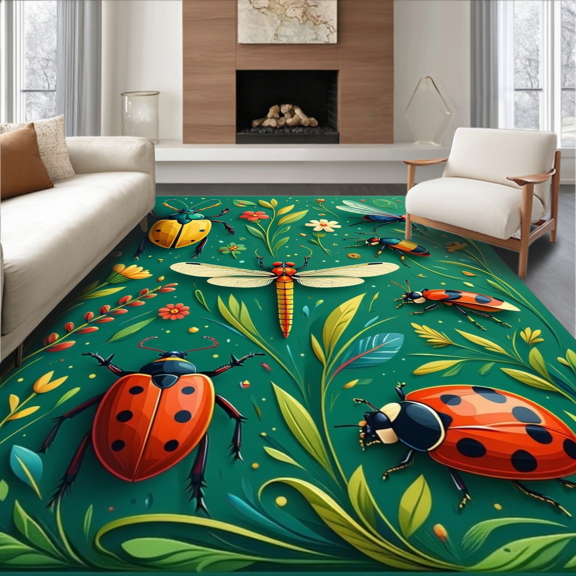 Vibrant Insect Floral Pattern Rug