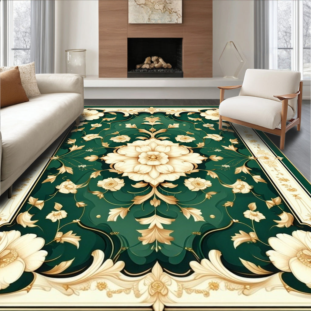 Elegant Green Floral Medallion Design Rug